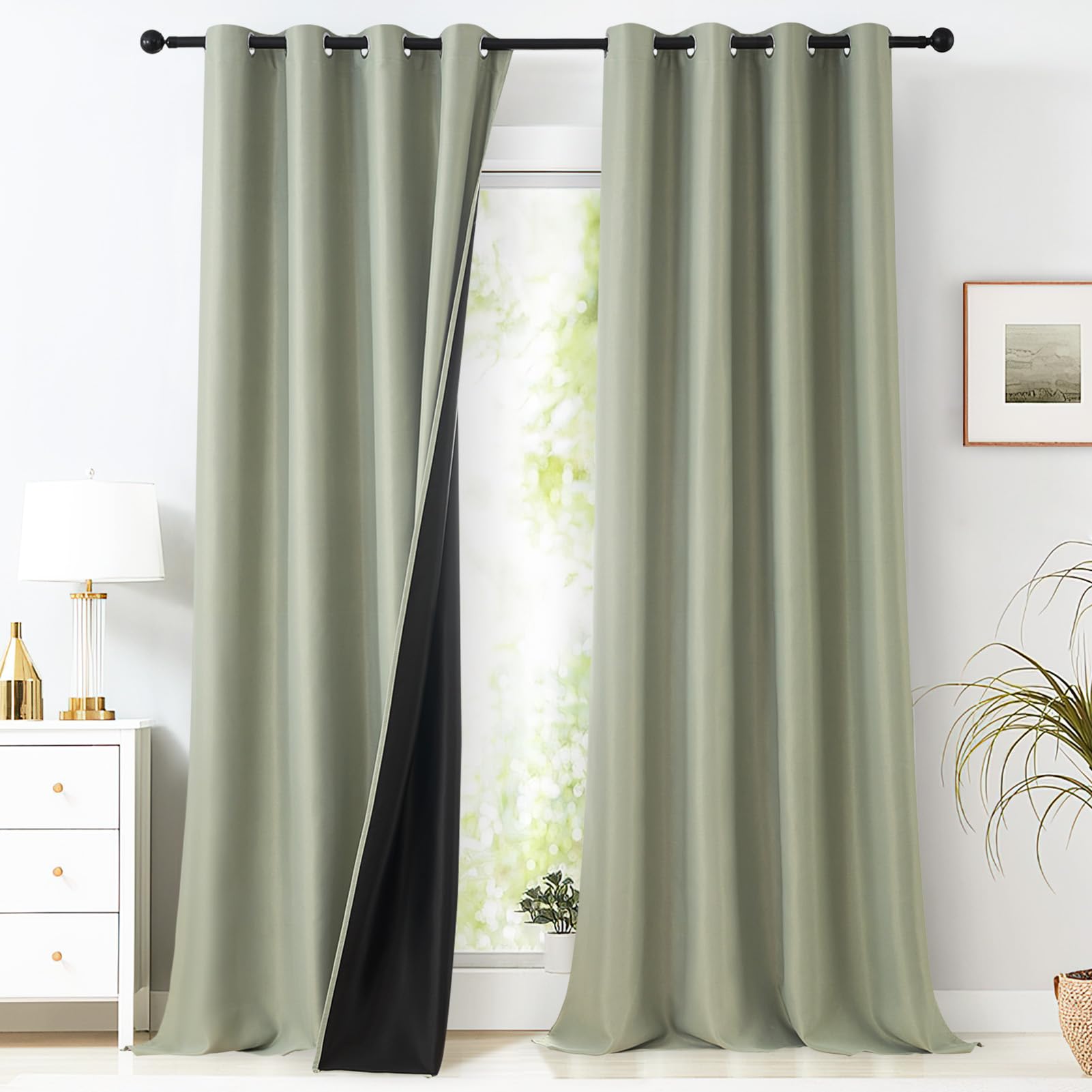 MRTREES Rideaux Occultant Vert Sauge 140(L) x300(H) cm 100% Opaque Anti-UV Rideau Anti Froid Isolantion Thermique à Oeillets Anti Bruit Tissu Lourd pour Salon Séjour, Lot de 2