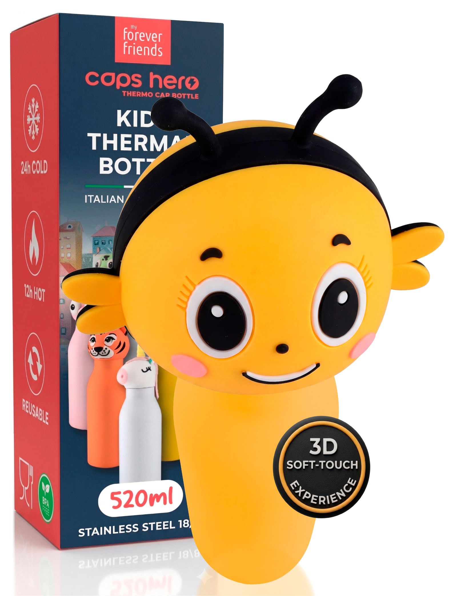Gourde pour Enfants Isotherme sans BPA 520ml Acier Inoxydable - CapsHero Abeille Bee Bea Bouteille Réutilisable Anti-Odeurs Double Paroi 230x70mm - Chaud 12h Froid 24h - Collection My Forever Friends