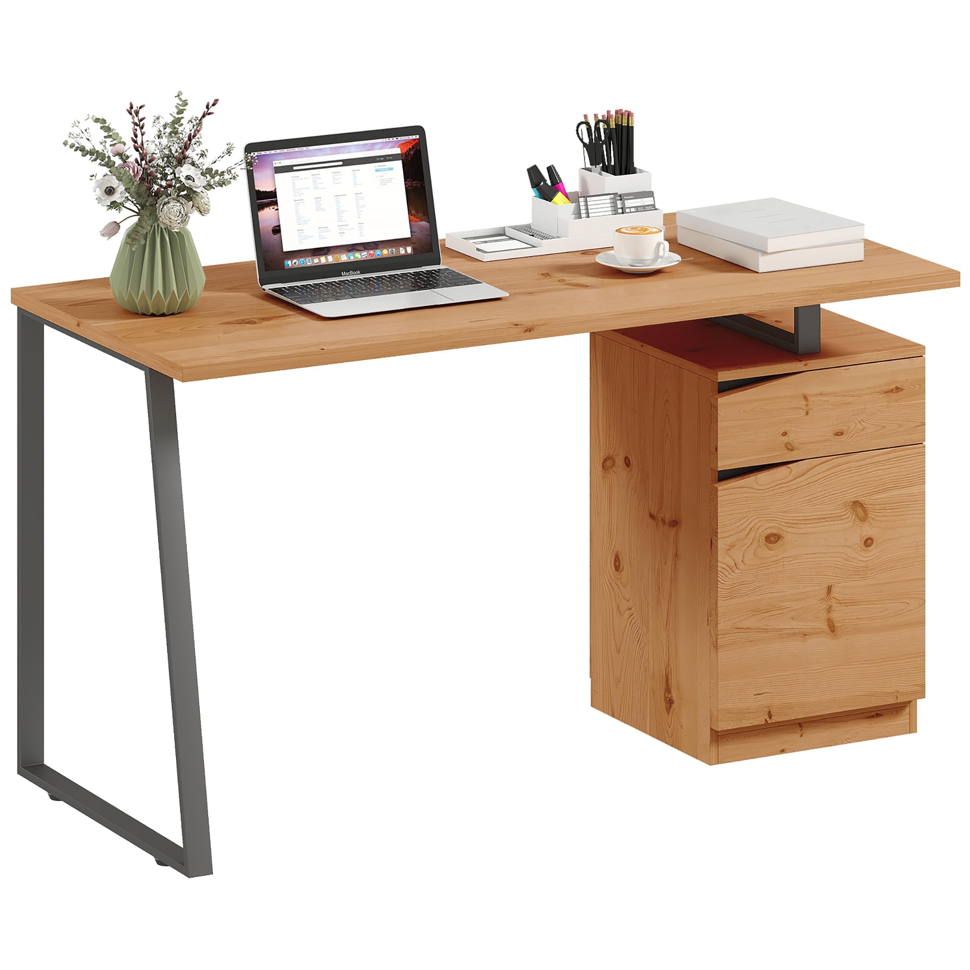 HOMCOM Bureau d'Ordinateur avec Placard et Tiroir 135 x 60 cm Bois Naturel | Bureau avec Rangement, Étagère Réglable, Pieds en Métal, Style Industriel, Table de Travail pour Salon, Domicile