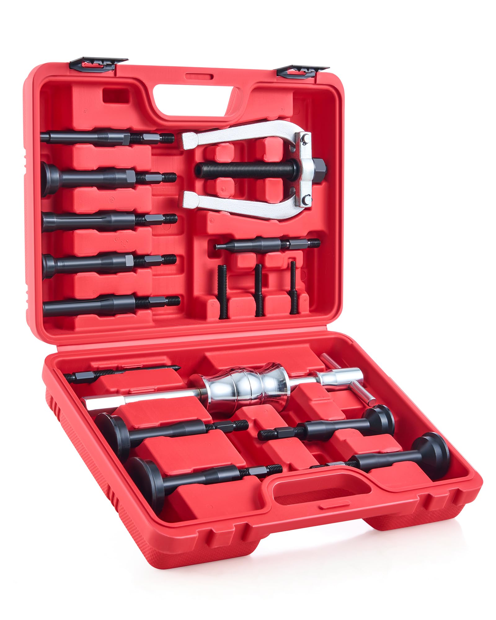 Orion Motor Tech 16 PCS Kit Extracteur de Roulement Intérieur 6-59 mm Outil d'Extraction de Roulement avec Marteau Coulissant avec 3 Adaptateurs pour Réparation Voiture Auto, Boîtier Rouge