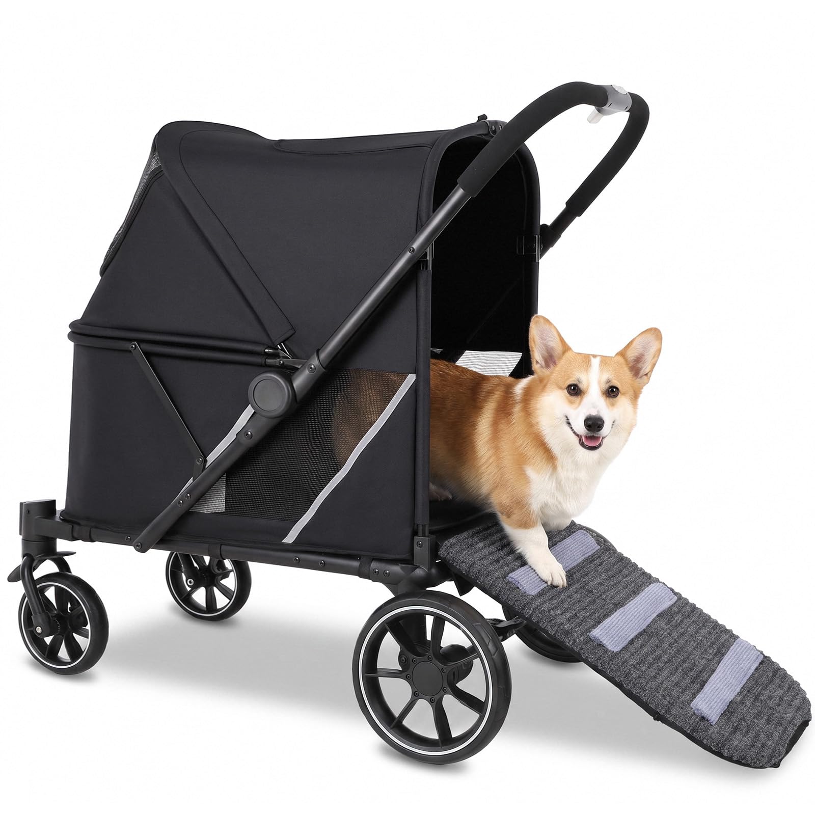 Mamizo Poussette pour chien avec rampe, pour grands ou plusieurs chiens | Facile à plier, capacité de charge jusqu'à 30 kg, fenêtres en filet, capote réglable, roues de frein