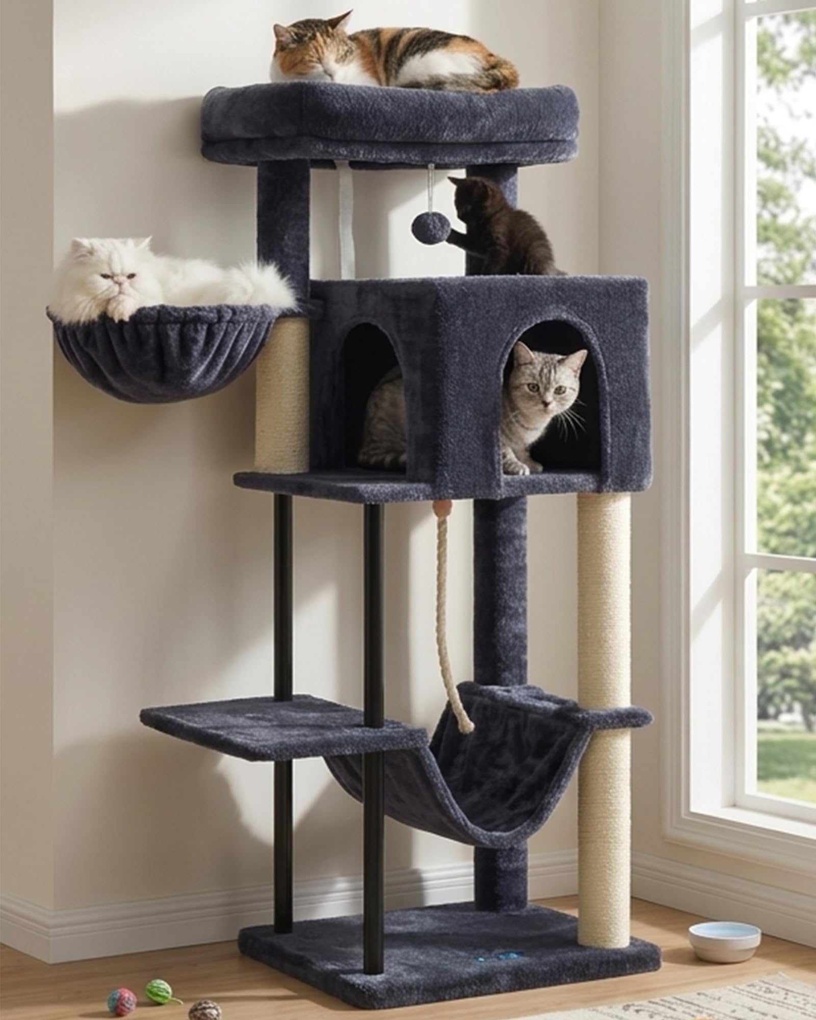 Gitelsnour Arbre à Chat, Tour de Jeux pour Chats intérieur, Tour à Chat de 110 cm avec Tube en Acier Robuste, hamac, Niche pour Petits Chats et Chatons, poteaux à griffer, Gris foncé GCT004SG-2
