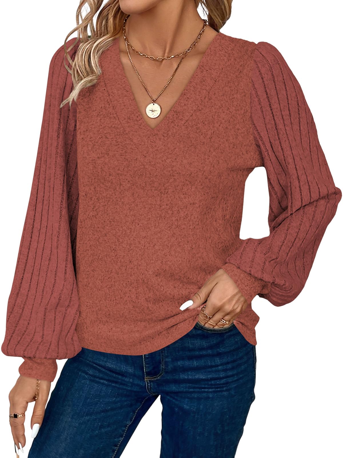 Cuptacc Pull Femme Col V Manche Longue Haut Elegant Tunique Automne | Automne，Printemps,Hiver，Élégant,Chic,mode,Classique，Uni，Manches lanternes，Tricot côtelé，Ample，Basique，Confort