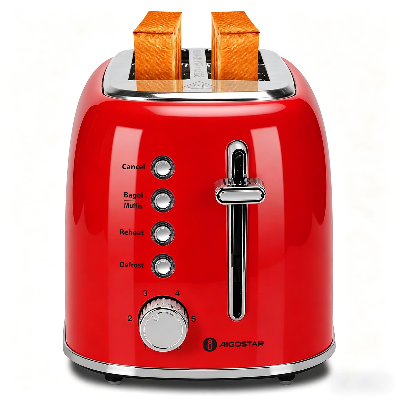 Aigostar Grille-Pain Vintage, 2 Fentes Extra-Larges de 4 cm, 4 Fonctions | Bagel, Décongélation, Réchauffage et Arrêt, 6 Niveaux de Dorage, Tiroir Ramasse-Miettes Amovible, Acier Inoxydable, 800W
