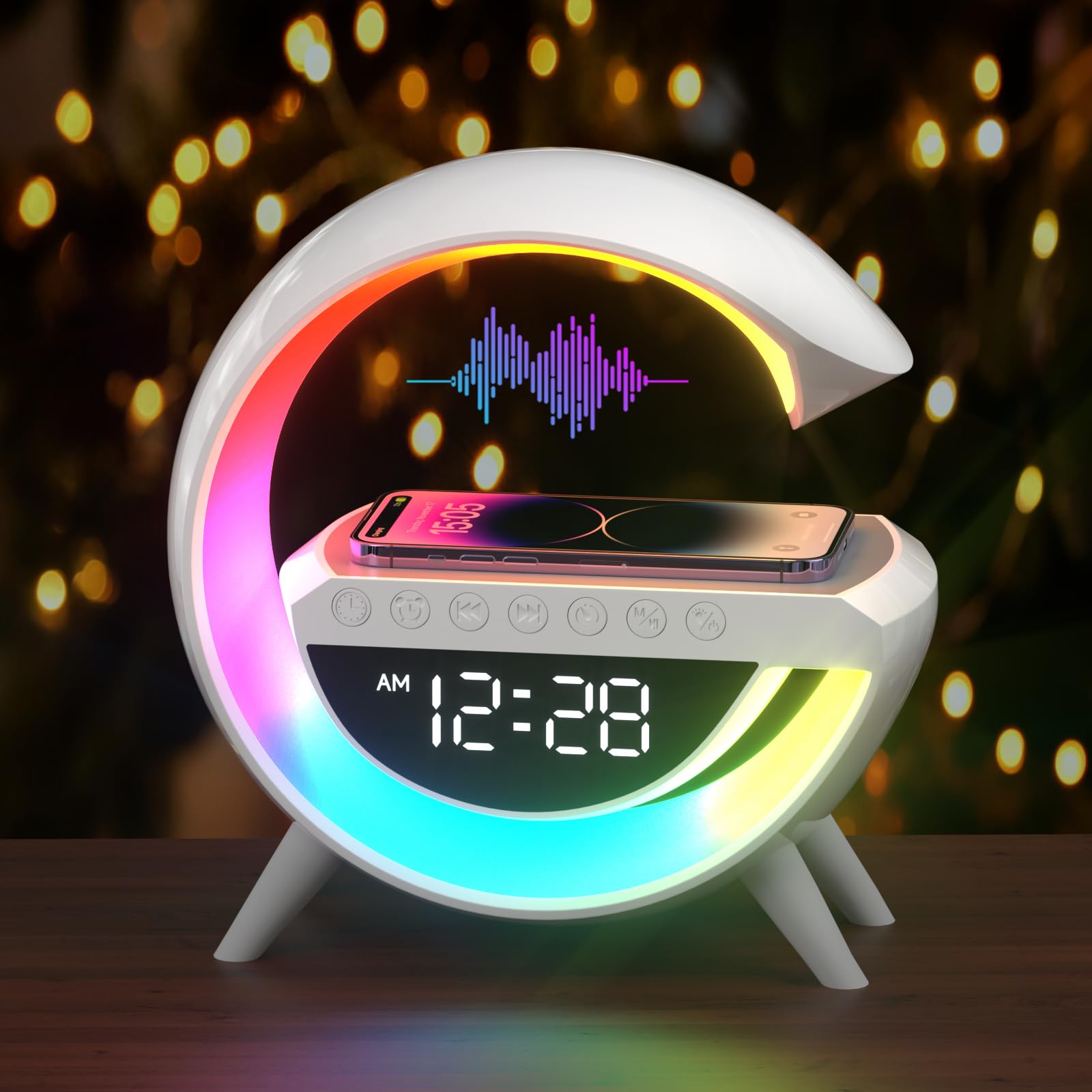 Suewidfay 15W Chargeur sans fil Lampe Led Réveil Lampe d'ambiance Lampe de table intelligente avec haut-parleur Bluetooth Feux de course éblouissants 13 Modes Lumières pour bureau Chambre Cadeau
