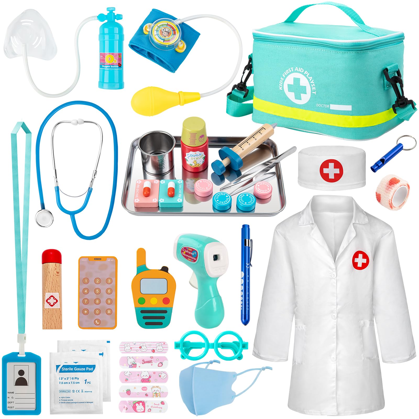 Sundaymot Malette Docteur Enfant, avec véritable stéthoscope, thermomètre, Blouse de médecin et Sac de médecin Portable, Adapté malette Docteur Enfant 3 Ans
