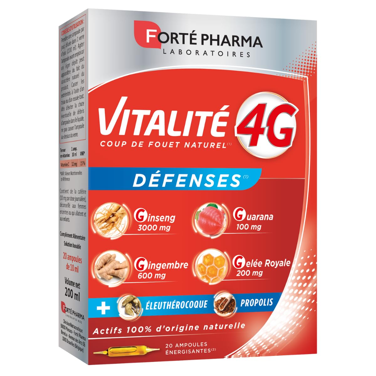 Forté Pharma Complément Alimentaire Vitalité 4G Défenses 20 Ampoules | Energie & immunité, Complexe 4G : Ginseng, Gingembre, Guarana et Gelée Royale + Eleuthérocoque et Propolis, 20 Jours