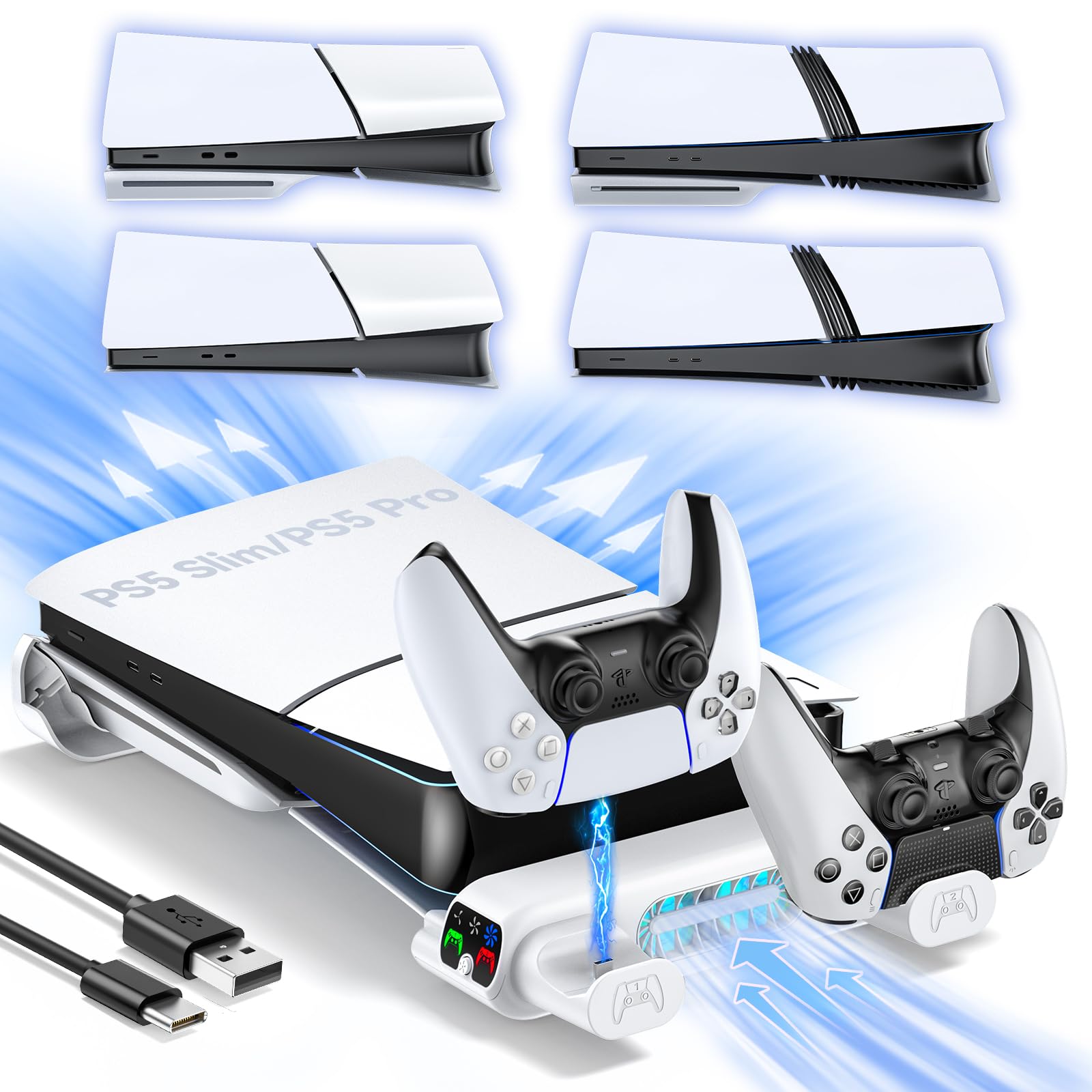 Tokluck Support PS5 Horizontal pour PS5 Slim/Pro Disc et Digital, Refroidissement P5 avec Chargeur à Double Manette, Support Playstation5 Amélioré pour Console Slim&Pro (Incompatible avec P5 2020)