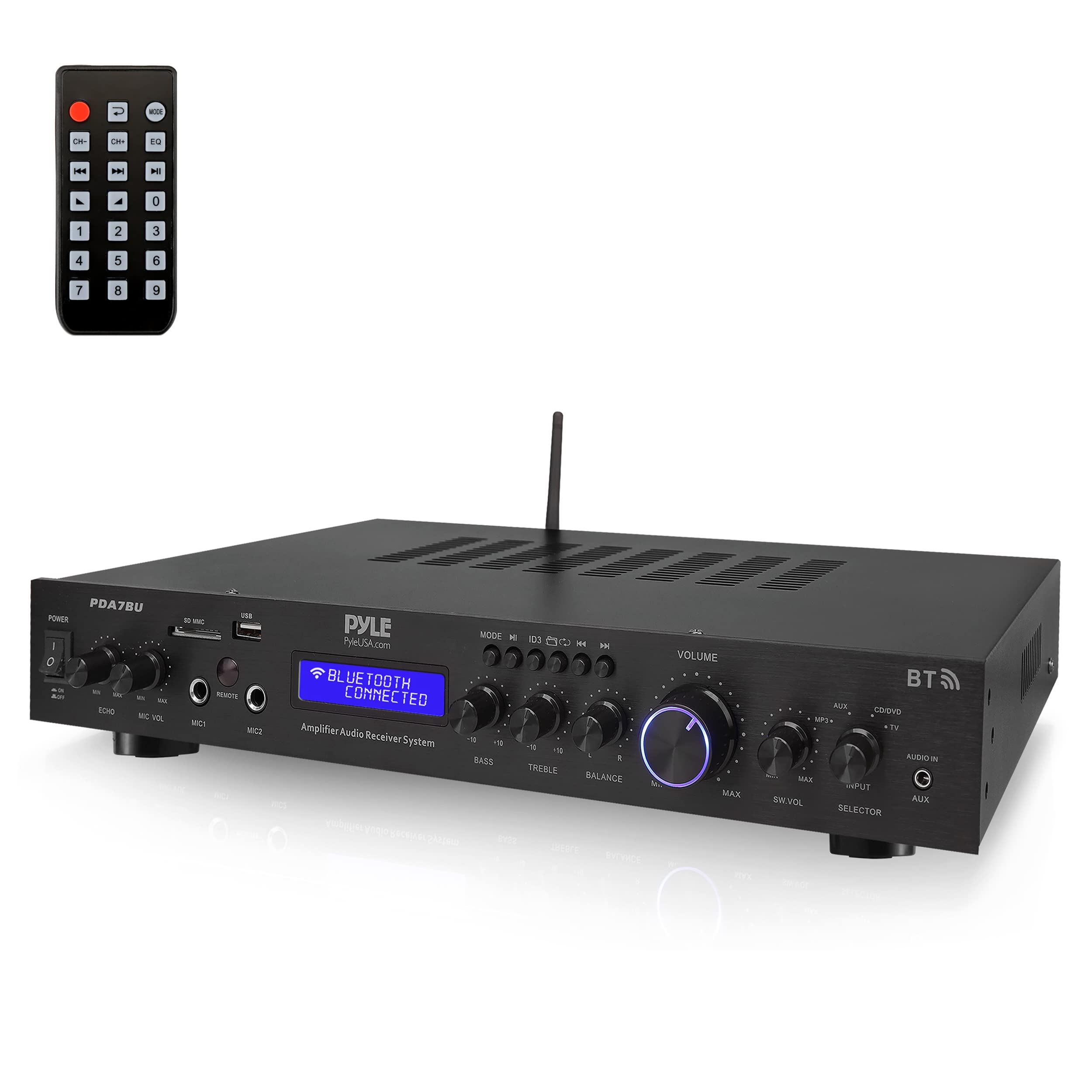 Pyle Amplificateur Audio Bluetooth, Ampli HiFi Home Cinéma Rack, Micro, USB | 2 x 100 W RMS, 2 entrées 6,35 mm, carte SD, radio FM, sortie caisson de basses, télécommande, façade aluminium