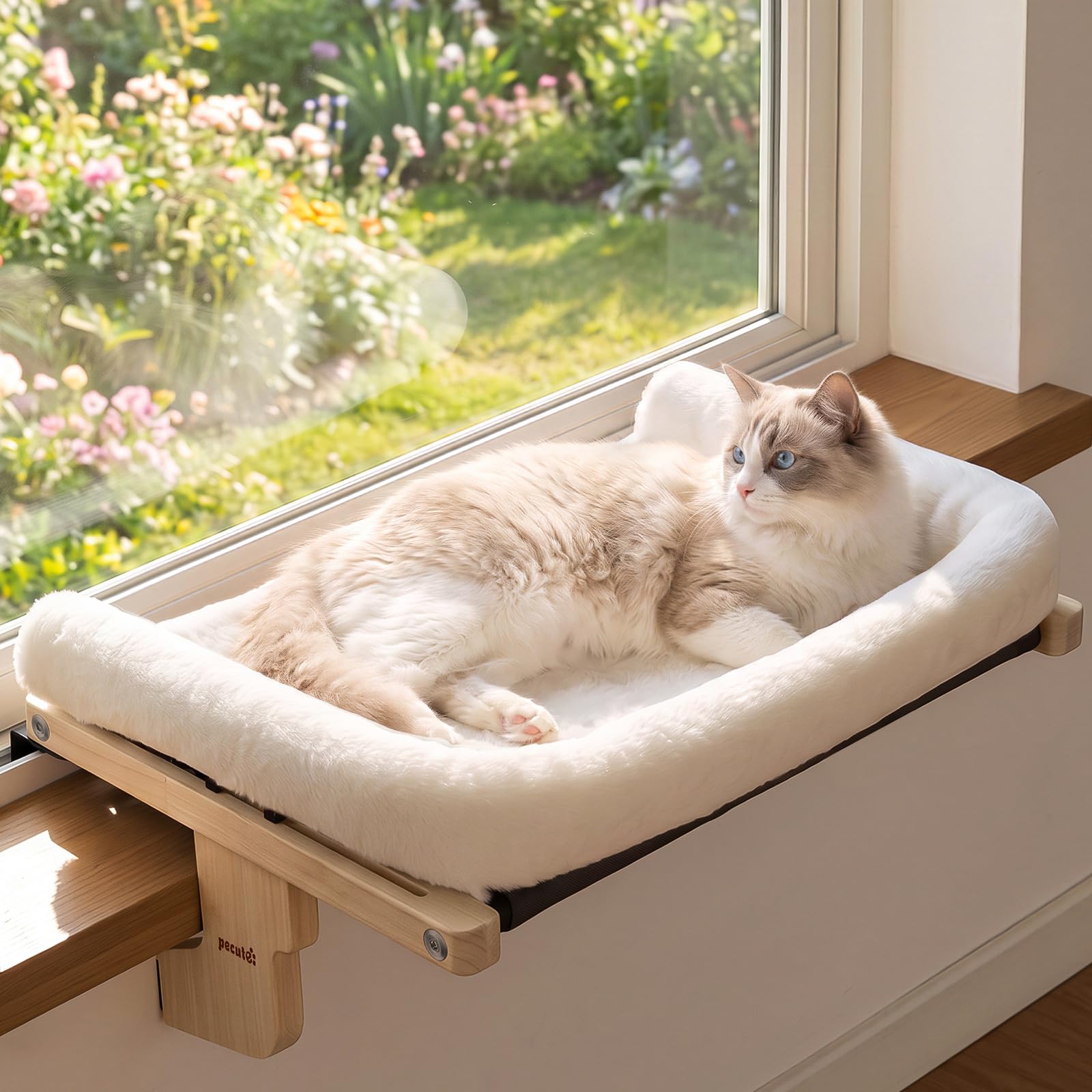 Pecute Hamac Chat Fenetre Lit pour Chat Moelleux avec Structure en Bois | Montage Facile, Fixation par Velcro, Coussin Lavable, Hamac pour Chat de 48 cm pour Observer Les Oiseaux, Jusqu'à 15 kg