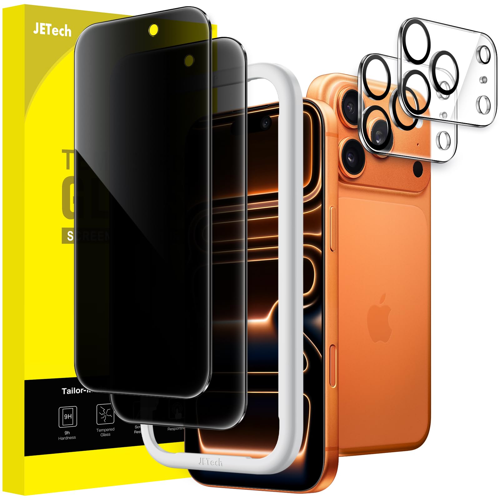 JETech Verre Trempé Anti-Espion pour iPhone 17 Pro Max, Lot de 2+2 | 9H Protection D'écran, Protection Caméra, Outil d'Installation Facile