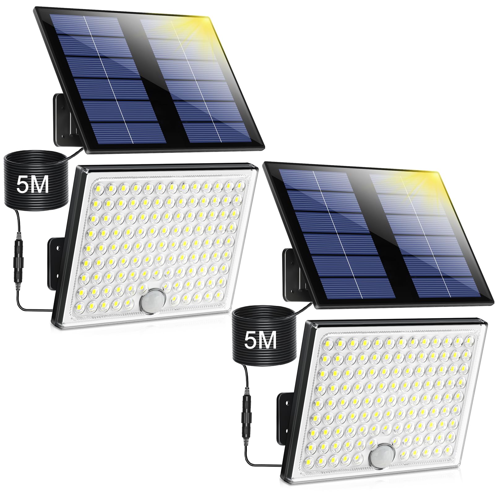 Realky Lampe Solaire Extérieur detecteur de mouvement, lumière led solaire exterieur puissante 113 LED 2000mAh 4 Modes, luminaire spot solaire éclairage mural d'extérieur avec câble 5M, 2 pièces