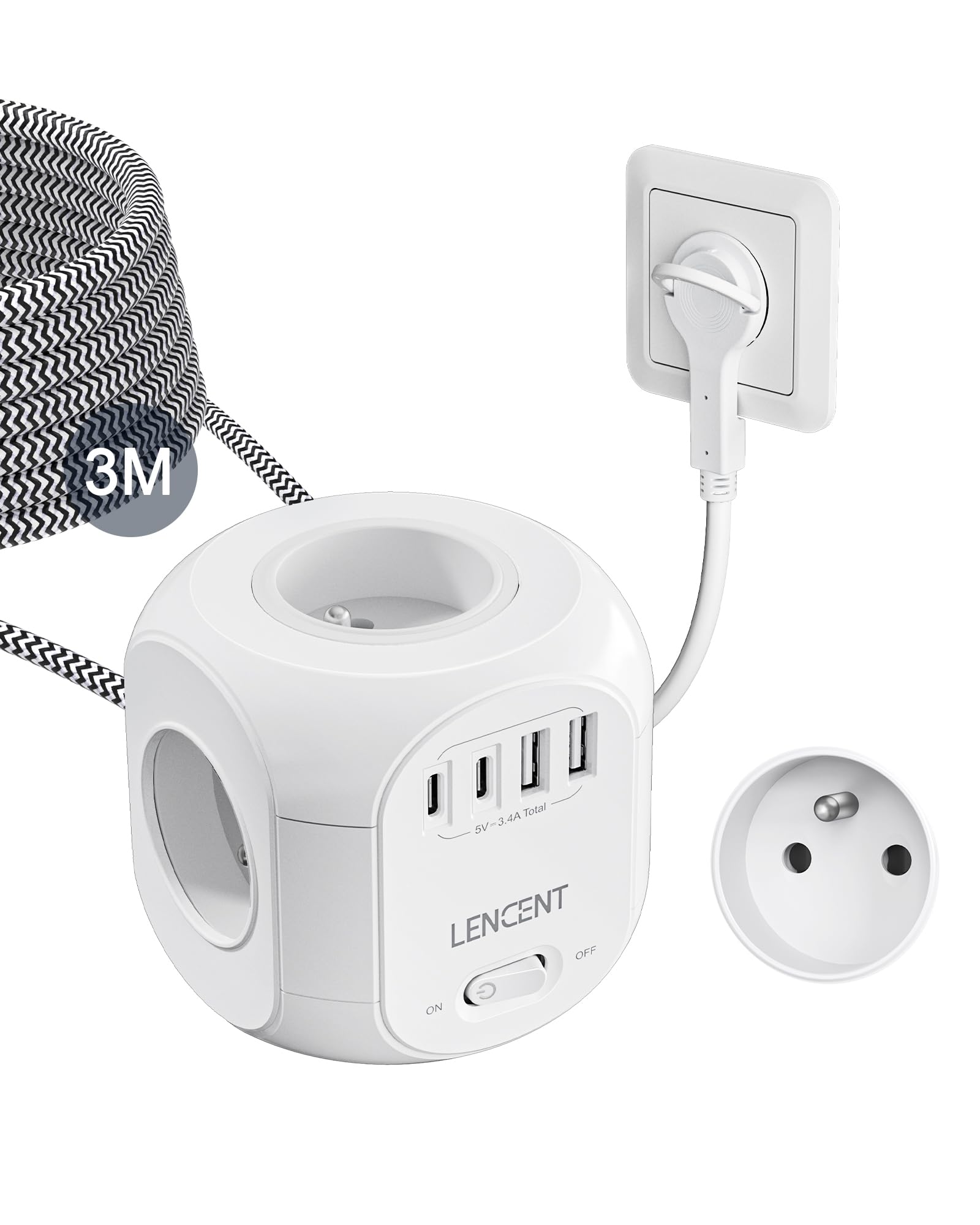 LENCENT Multiprise avec Interrupteur Cube Secteur Fiche Plate 4 Prises | 2 USB et 2 Type C, Multiprise USB Parafoudre et 4 Interrupteurs Rallonge Electrique 3M Câble la Maison et Bureau Tressé Câble