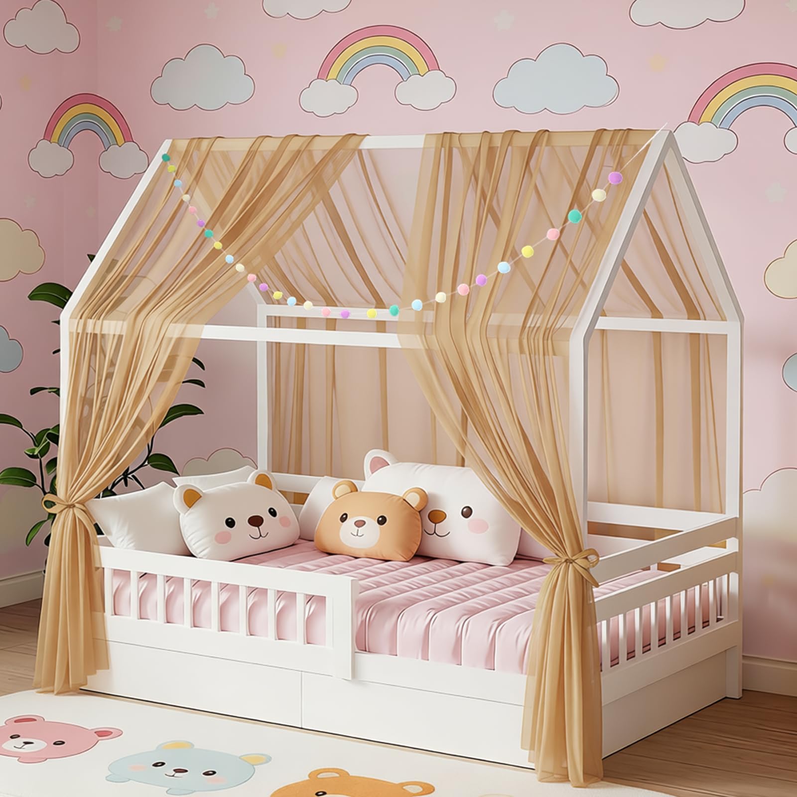 DOINEUFL Lot de 2 Ciel de lit d'enfant - 160 x 350 cm - avec Guirlande de Pompons colorés et Bandes de Fixation - Rideaux en Tissu léger et Respirant (Kaki)