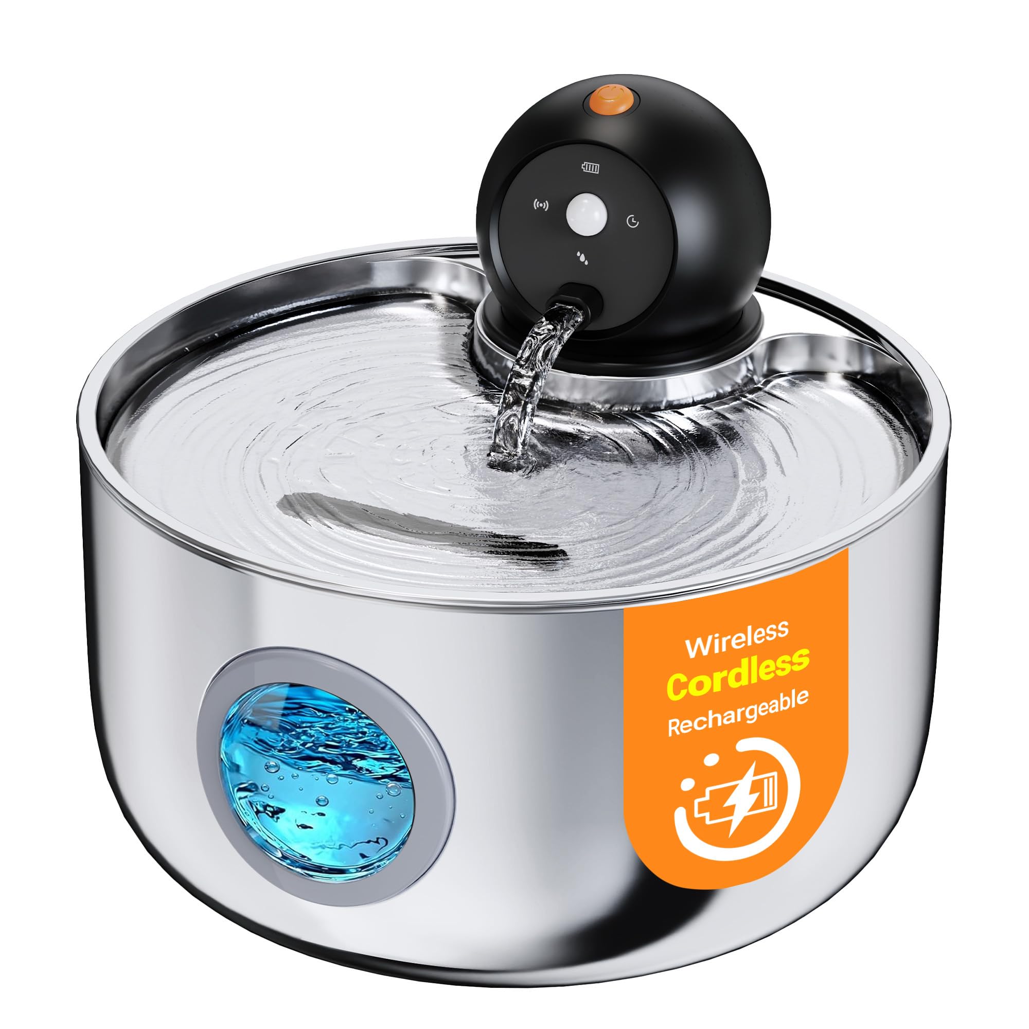 Fontaine a Eau Chat sans Fil: Fontaine à Eau pour Chat INOX avec Detecteur de Mouvement - 2.6L Distributeur Eau Chats Automatique avec Batterie Rechargeable - Abreuvoir Silencieuse pour Chien à Pile