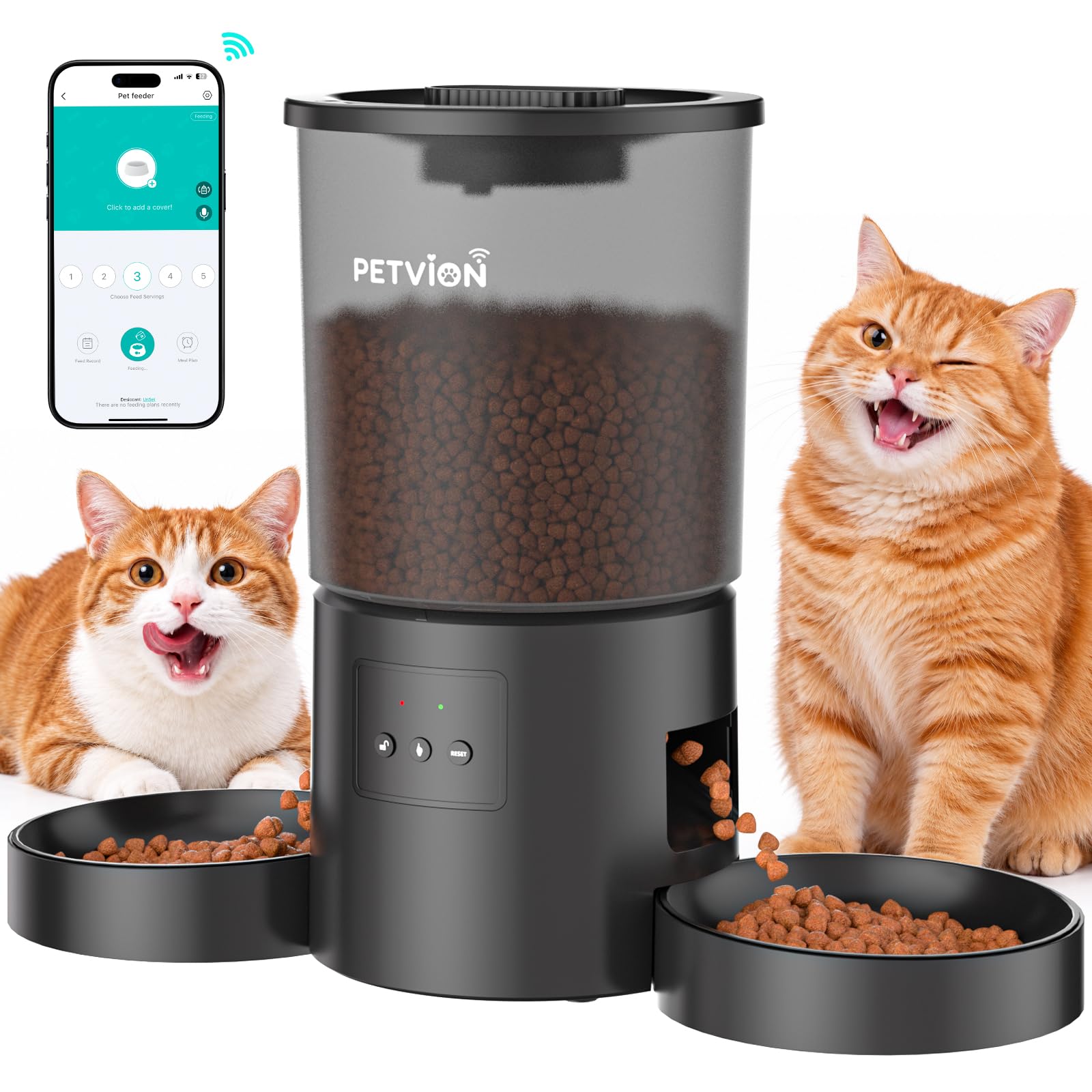 Distributeur Croquettes WiFi 2,4 GHz, 10 Repas, Double Gamelle | 12 portions/repas, 5 ± 2 g/portion, enregistrement vocal 10 s, programmation automatique