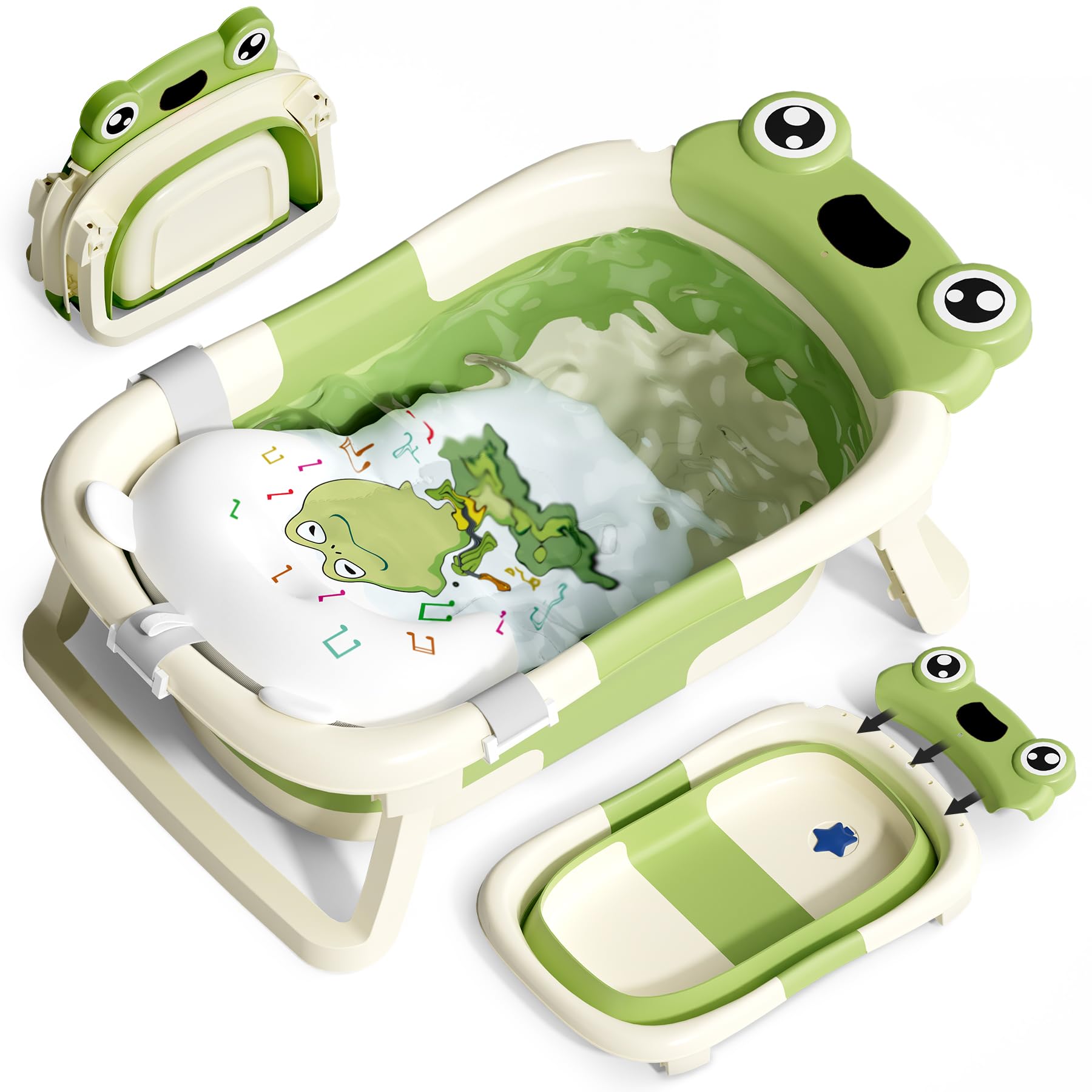 COOSEYA Baignoire bébé, baignoire pliable avec coussin de support pour bain, baignoire portable indispensable pour nouveau-nés et jeunes enfants, design grenouille (Verte)
