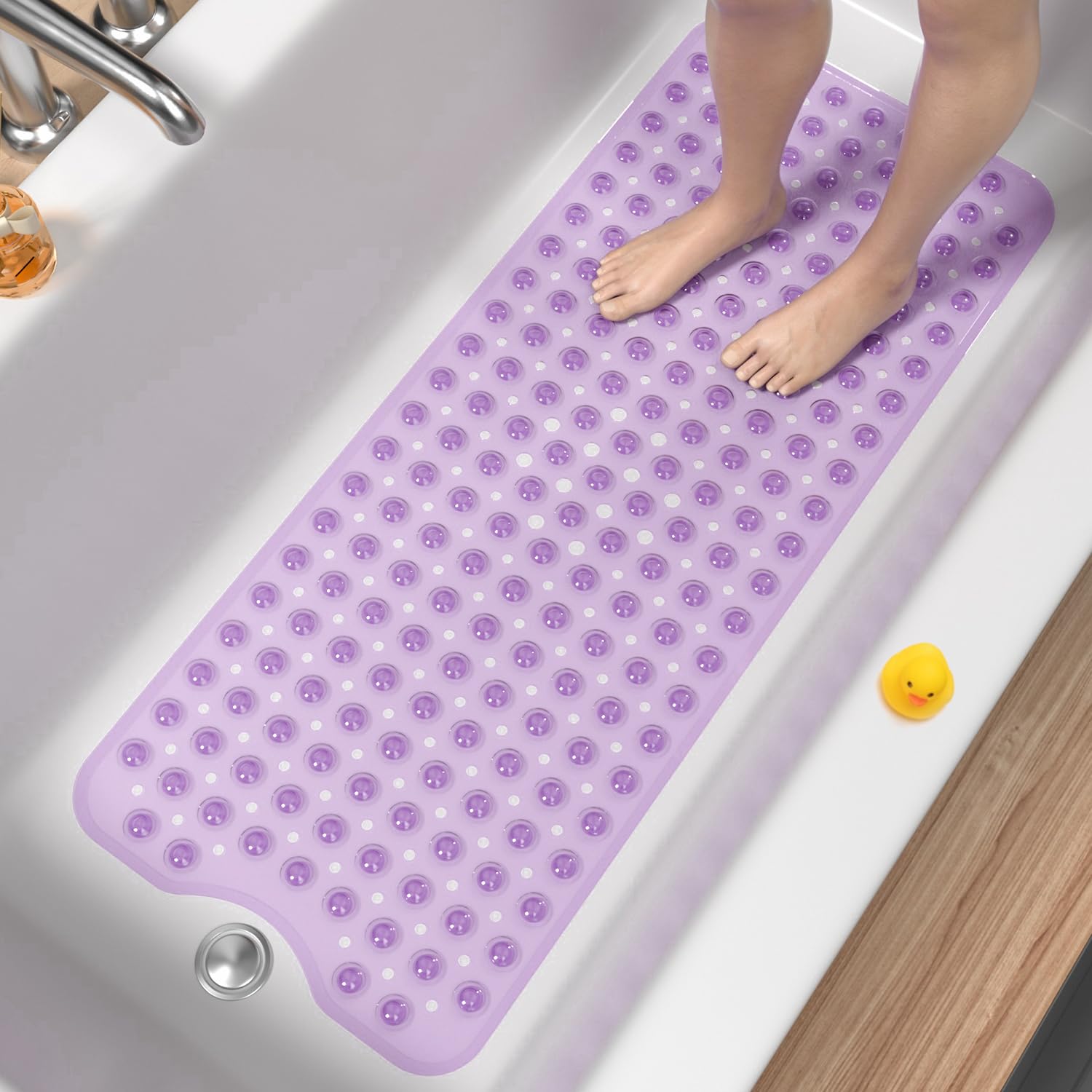 HITSLAM Tapis de Baignoire Antidérapant, 101 x 40cm Très Long Tapis de Douche Antiderapant, Résistant aux Moisissures & Lavable en Machine Tapis de Bain sans BPA, Violet