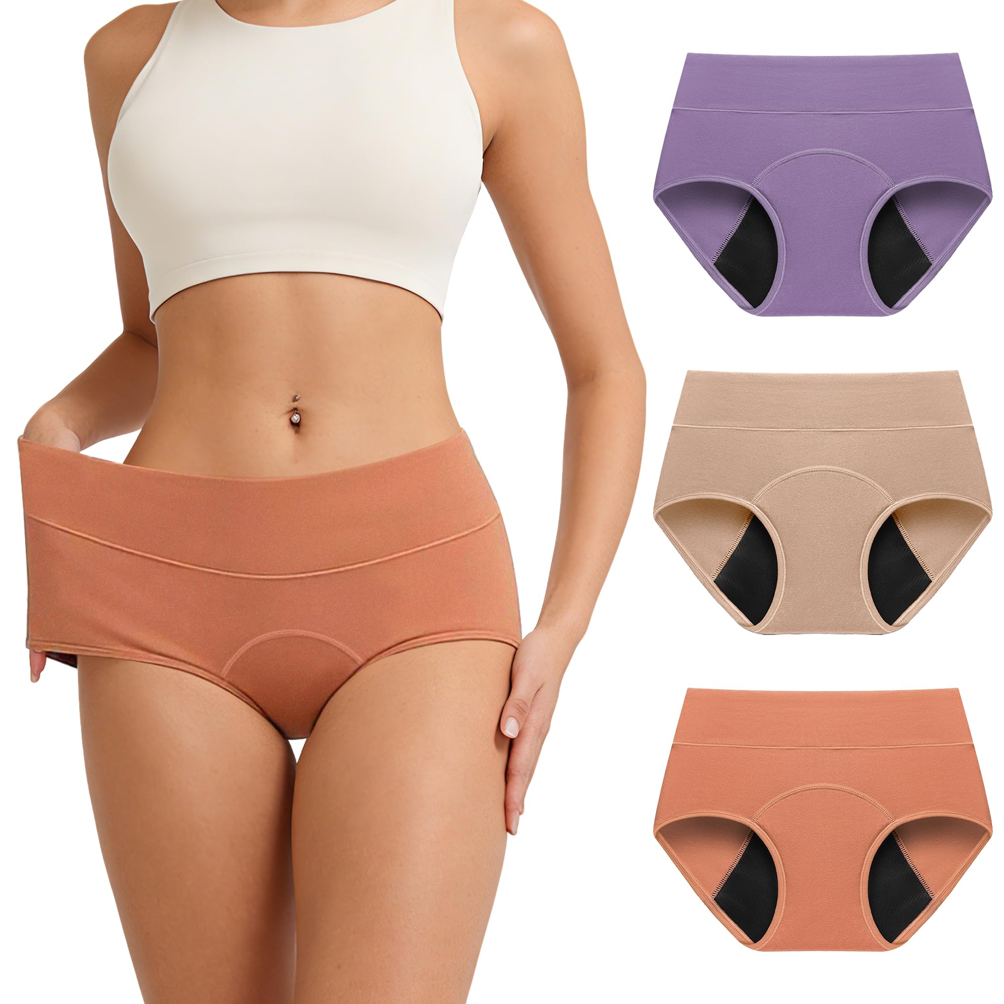 RFOGJV Culotte Menstruelle Coton Femme Taille Haute Anti-Fuite Lot De 3 | 4 Couches Lavable, Absorption 60ML Anti-fuite, Flux Tres Abondant Convient aux Femmes, Adolescentes et Postpartum