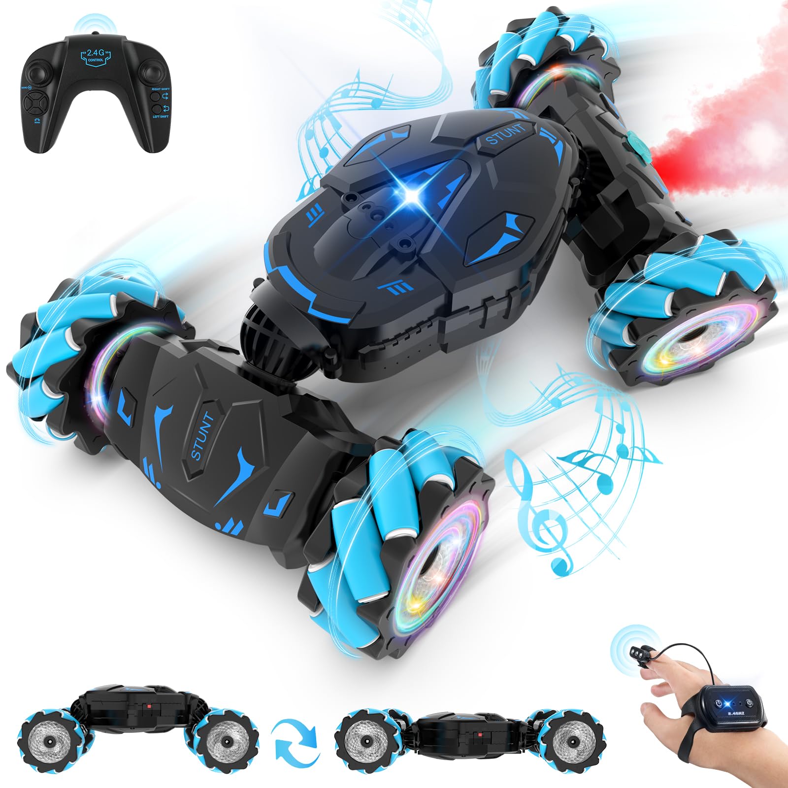 Pristar Voiture télécommandée tout terrain avec la Main, avec Lumière et Spray, Jouet RC Car Drift 4WD 2,4 GHz Rotation à 360° Cadeau Voiture Telecommandé Enfant Filles Garçons Enfants de 6 8 9 10 Ans