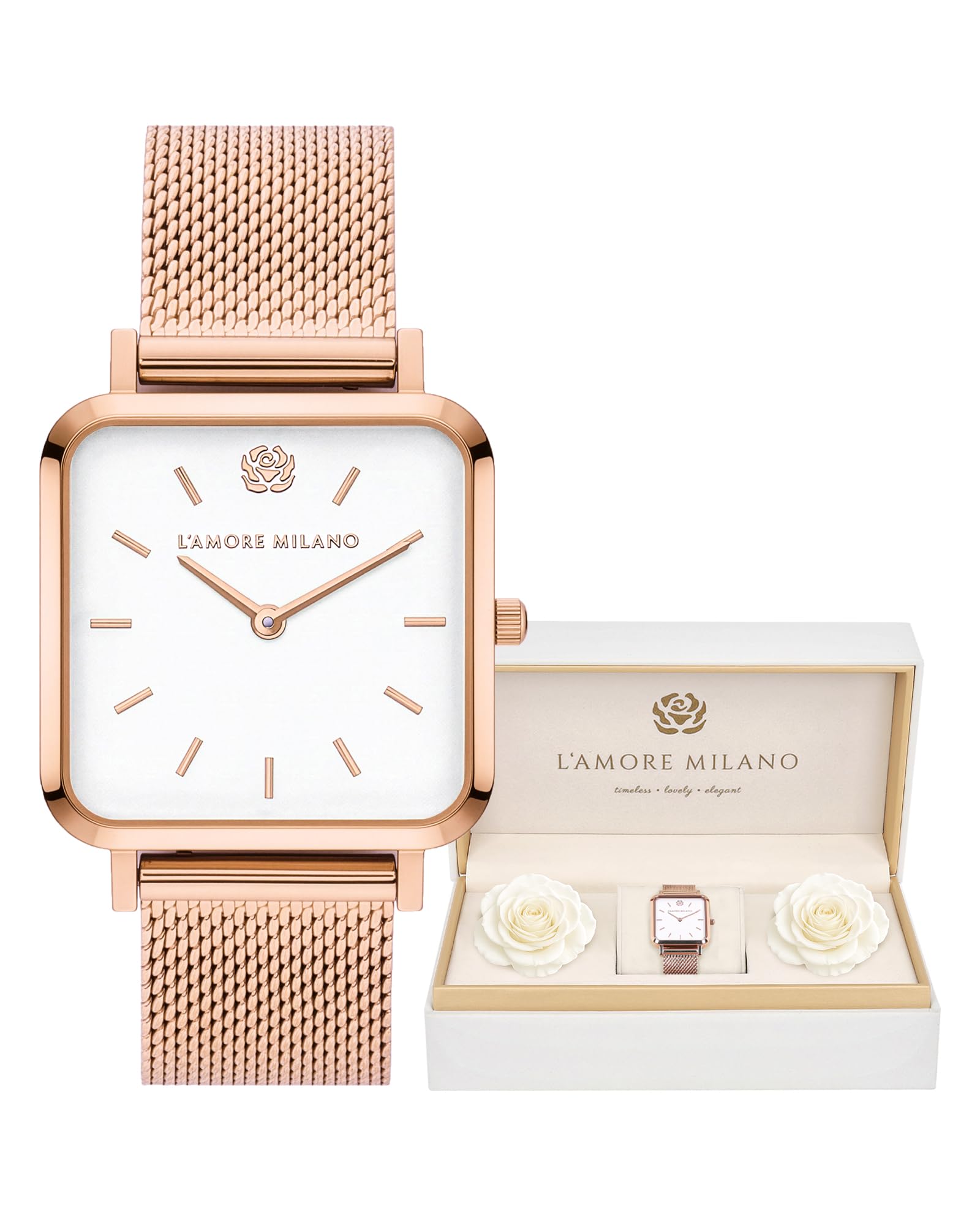 L'AMORE MILANO - Montre Femme Cadeau Noel, Montre-Bracelet et Son Coffret Contenant de Rose eternelle - Idee Cadeau Femme - Cadeau Femme Disponible en doré, argenté, et Rose métallisé