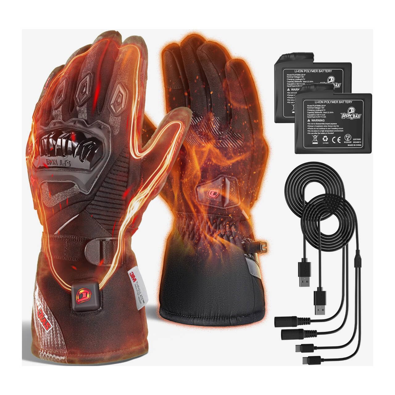 IRON JIA'S Gants Chauffants Moto Hiver Hommes 2025 Nouveau Port de Chargement USB 3000mAh Câble de Charge 2 en 1 écran Tactile Imperméable et Coupe-Vent Adaptés au Moto Randonnée Ski Alpinisme