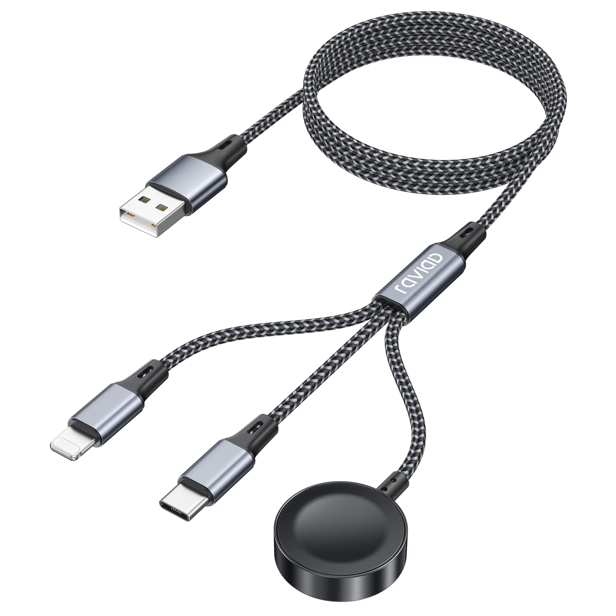 RAVIAD 3 en 1 Câble pour Chargeur Apple Watch, 1.2M Câble Multi Chargeur | avec Chargeur Apple Watch, USB C et Lightning pour iWatch Ultra/SE/11/10/9/8/7/6/5/4/3/2/1, iPhone
