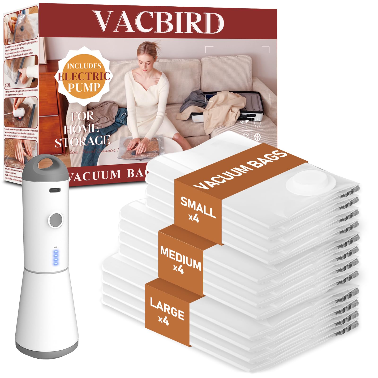 Vacbird Sac Sous Vide Vetement Aspirateur et Pompe à Vide Sans Fil, Lot de 12(4 Grands, 4 Moyens, 4 Petits), Sac de Rangement Sous Vide Réutilisables pour Vêtements, Literie, Couette