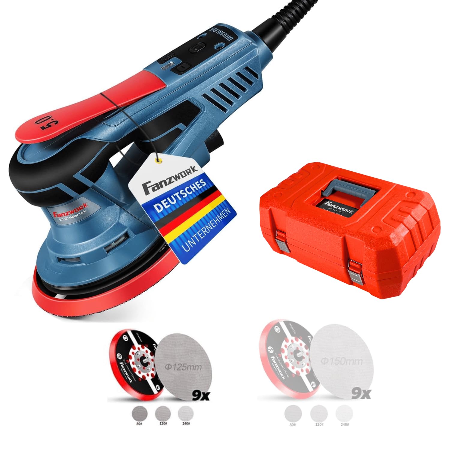 FANZWORK Ponceuse excentrique 125/150 mm sans balais 350 W | Ponceuse orbitale avec mallette, course de 5 mm, 7 vitesses, arrêt rapide en 2 s, flexible d'aspiration, 18 filets abrasifs