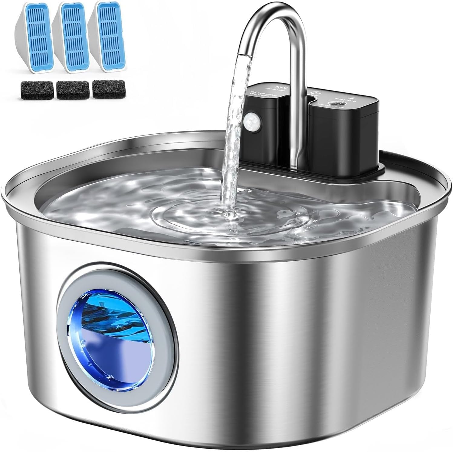 Fontaine à Eau pour Chat sans Fil en Acier Inoxydable 3,2 L avec Robinet, Détecteur de Mouvement et Batterie Rechargeable, 3 Modes de Fonctionnement, Filtration à 4 Niveaux (3 Filtres Inclus)