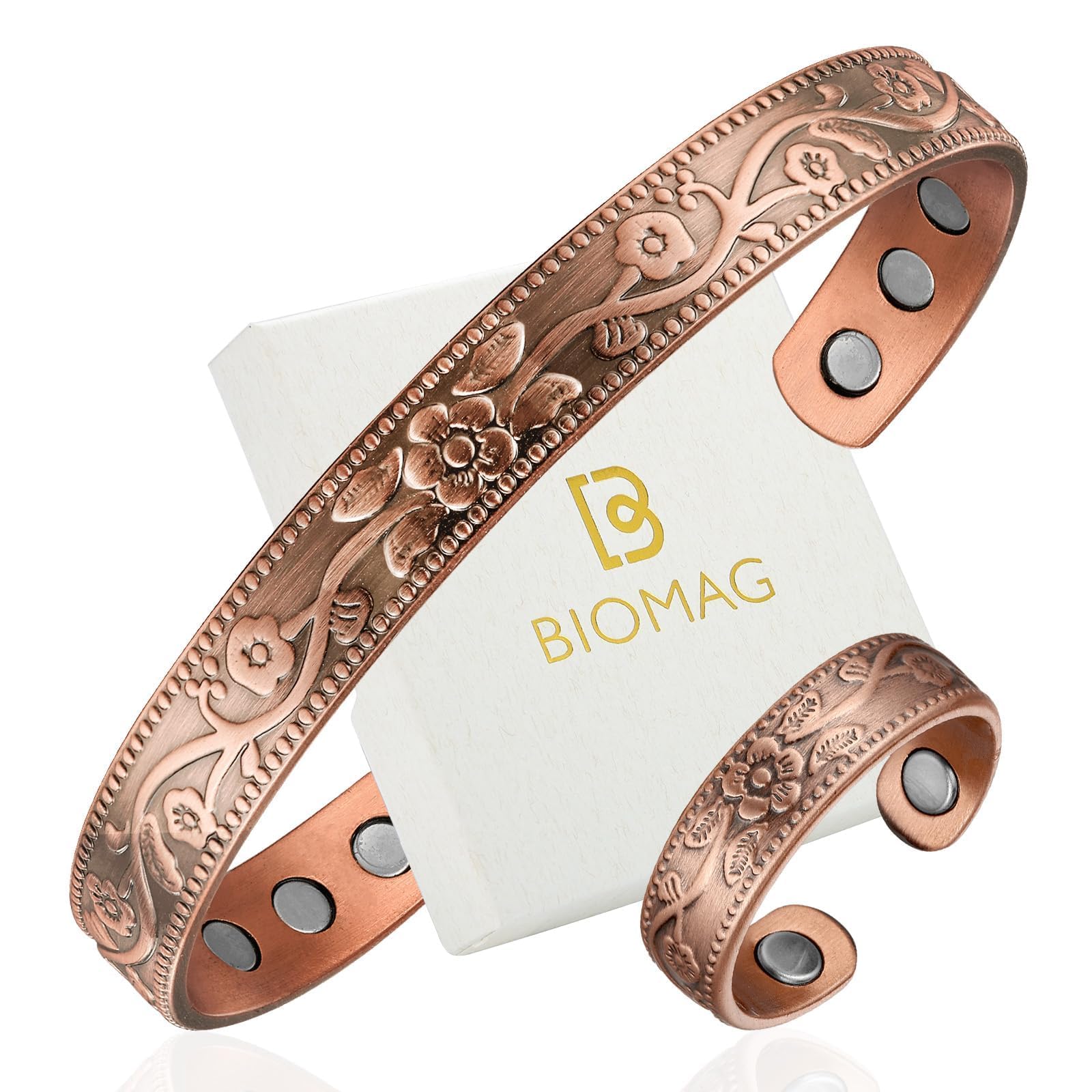 BioMag Bracelet Bague Magnétique pour Femme Cuivre Pur 99,99%, Idéal Cadeau | Bracelet en Cuivre, Aimants 3500 Gauss, Gravure florale élégante, entièrement ajustable, livré avec écrin cadeau