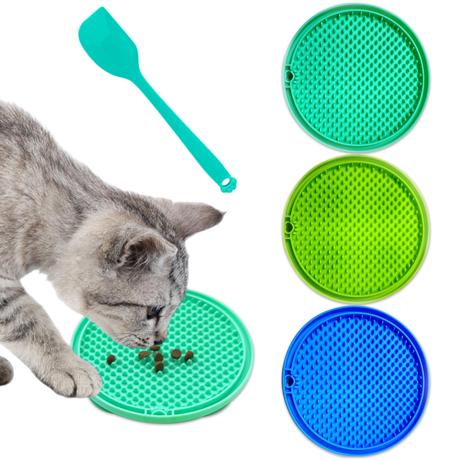 Lot de 3 Tapis de léchage Chat avec spatule en Silicone, 10 cm x 10 cm Petit Tapis de lechage Chien, pour l'entraînement du Pelage et Le Bain, soulage l'anxiété et l'ennui