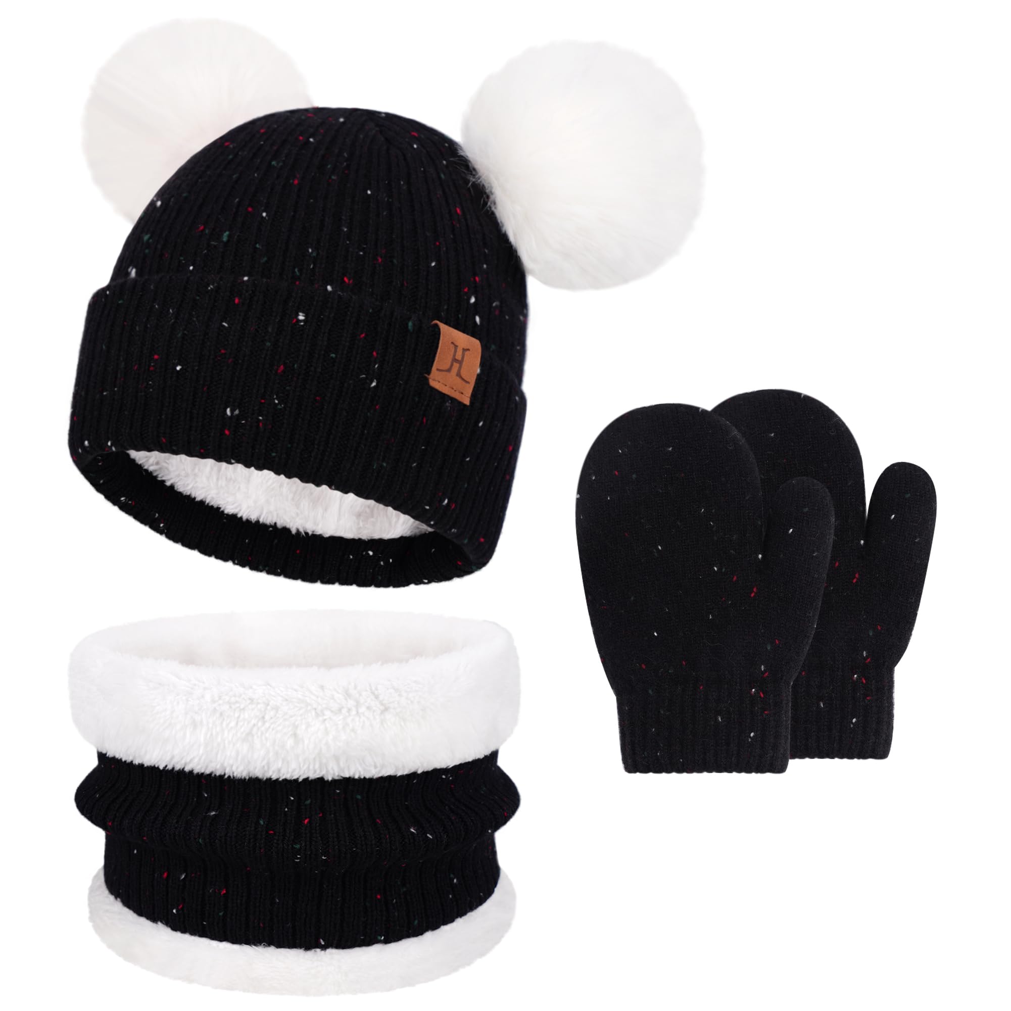 Bequemer Laden Bonnet Polaire Enfant Hiver Écharpe Cache-Cou Gants Ensemble | Bonnet Doublé Polaire Chapeau Enfant Pompon Tricot Écharpe Gants & Mitaines Temps Froid Cadeau Noël Bébé Fille Garçon 0-8 Ans