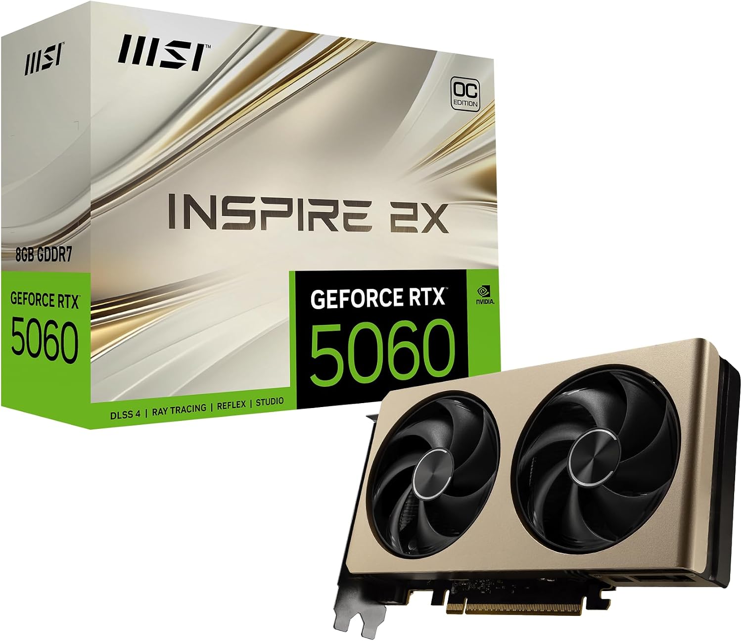 MSI GeForce RTX 5060 8G Inspire 2X OC Carte Graphique 8 Go GDDR7 (28 Gb/s/128 Bits), Refroidissement à Double Ventilateur (2 x Ventilateurs STORMFORCE) - HDMI 2.1b, DisplayPort 2.1b,