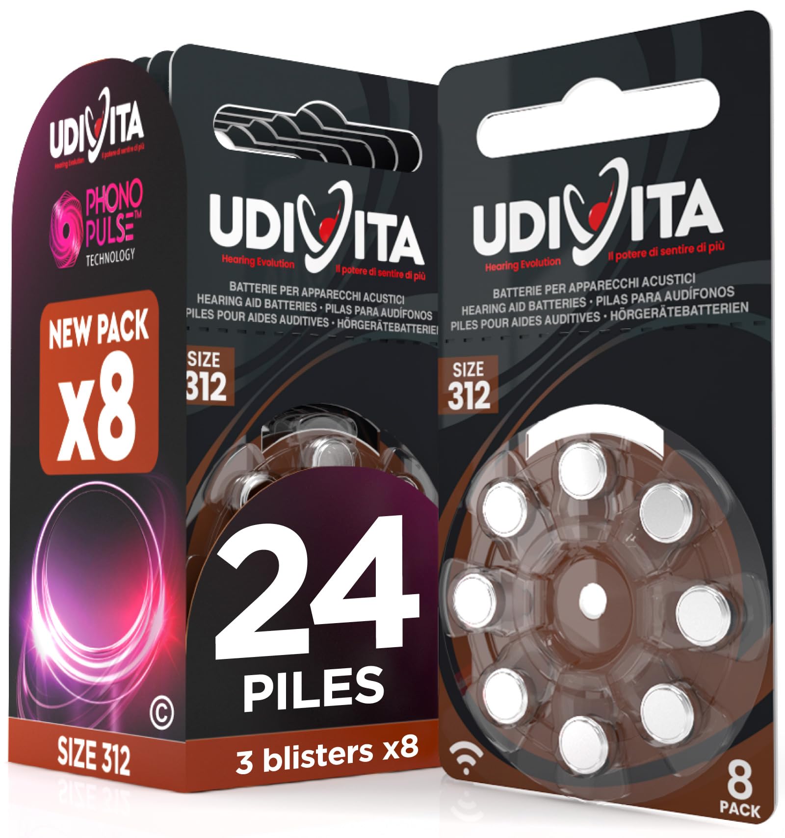 24 Piles Auditives 312 Udivita (Marron), Taille PR41 Zinc-Air | 3 Blisters de 8 Piles avec Technologie Phono Pulse