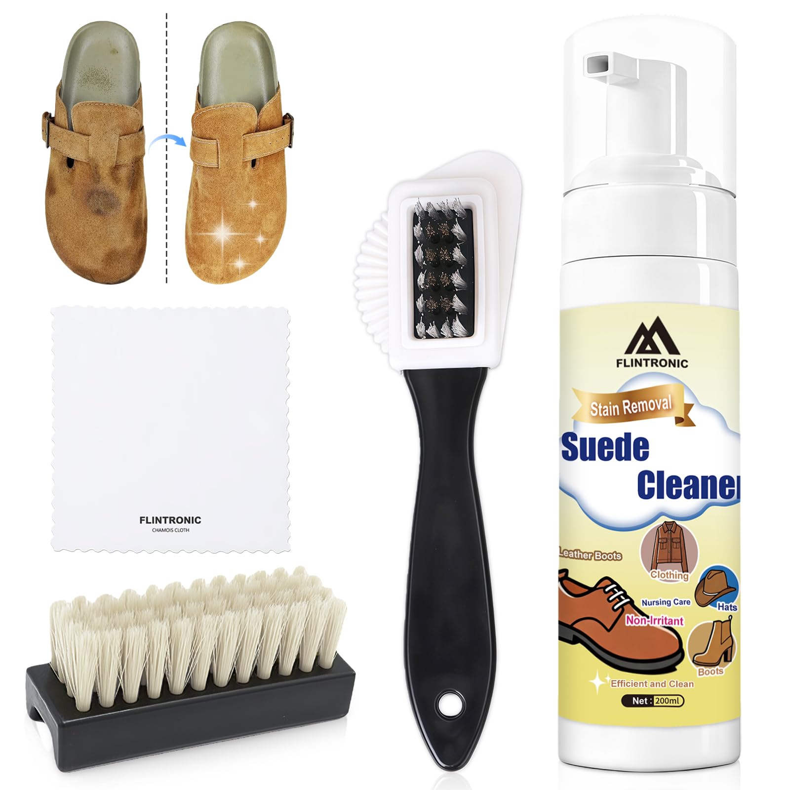 flintronic Kit de Nettoyage pour daim et Nubuck, avec Brosse et Serviette | Kit Nettoyage Sneakers pour Daim, Nubuck, Bottes, Maillot