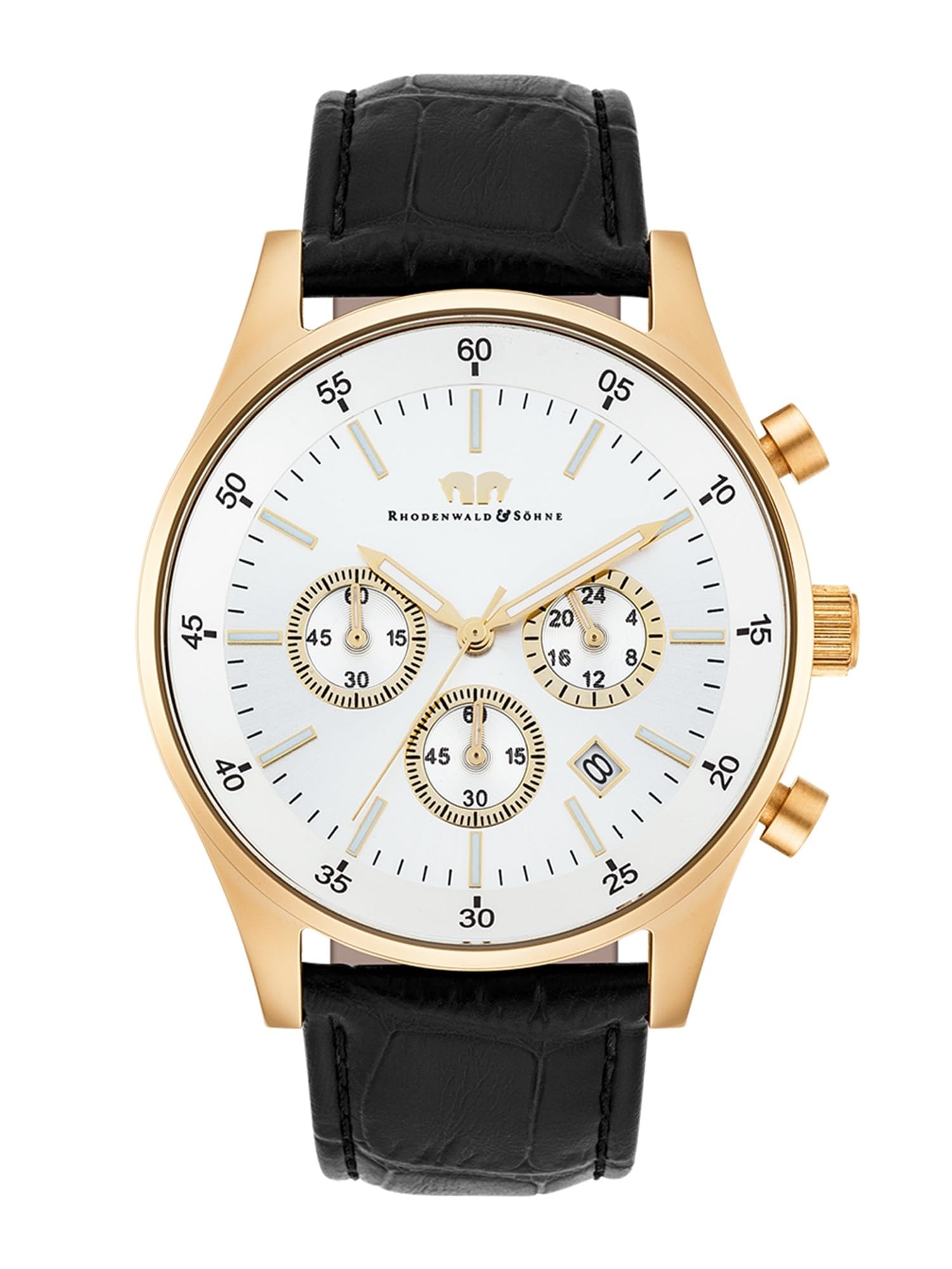 Rhodenwald & Söhne Montre pour homme acier inox. or jaune quartz 5 ATM | Bracelet cuir véritable, noir, crocodile embossé, chronographe, calendrier argenté, verre minéral, montre-bracelet