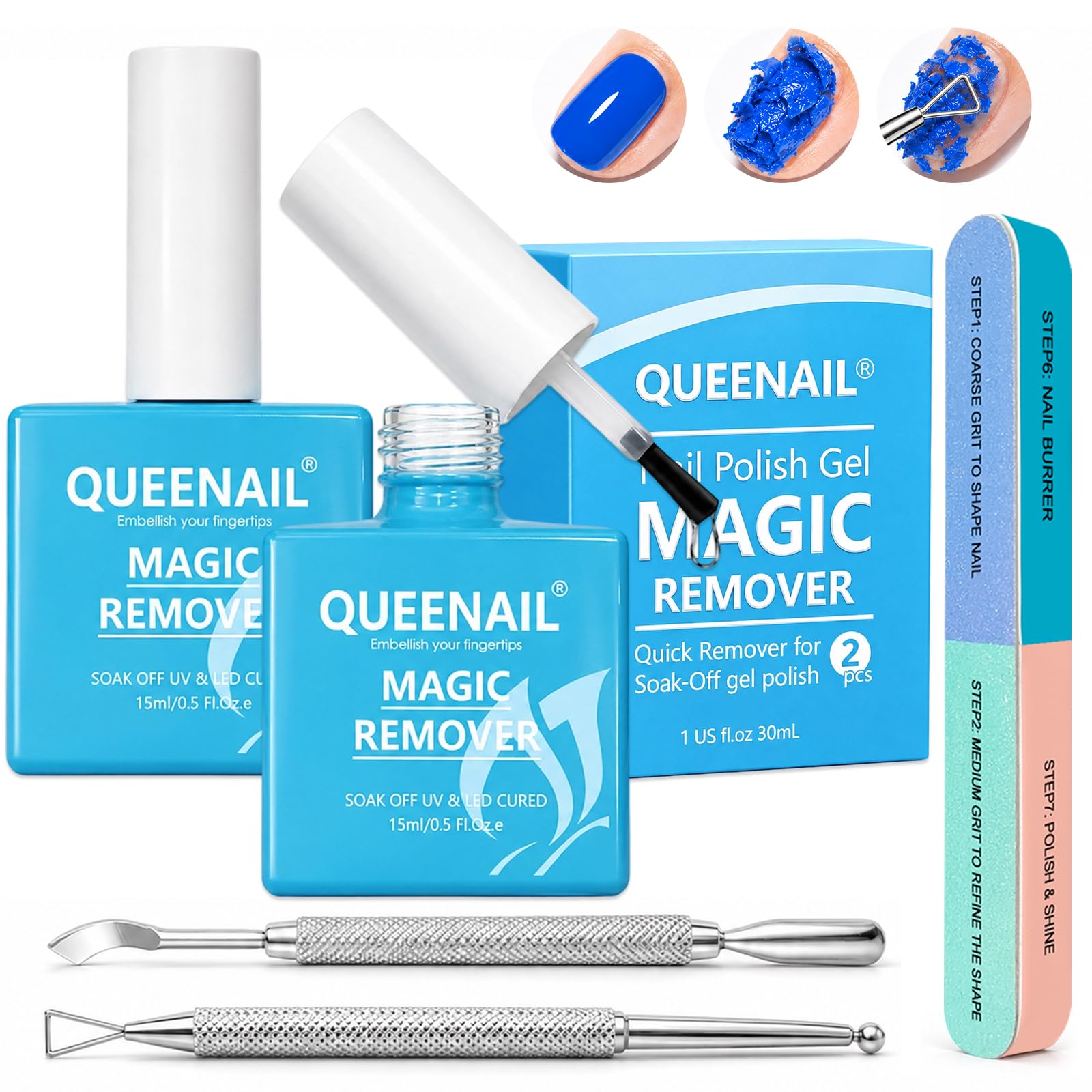2 Pièces 15 ml Dissolvant de Vernis à Ongles en Gel, Retrait Rapide et Doux | Dissolvant Vernis Semi Permanen Kit, Avec Lime À Ongle Et Pince À Cuticule, Verni Remover - 3-5 Minutes