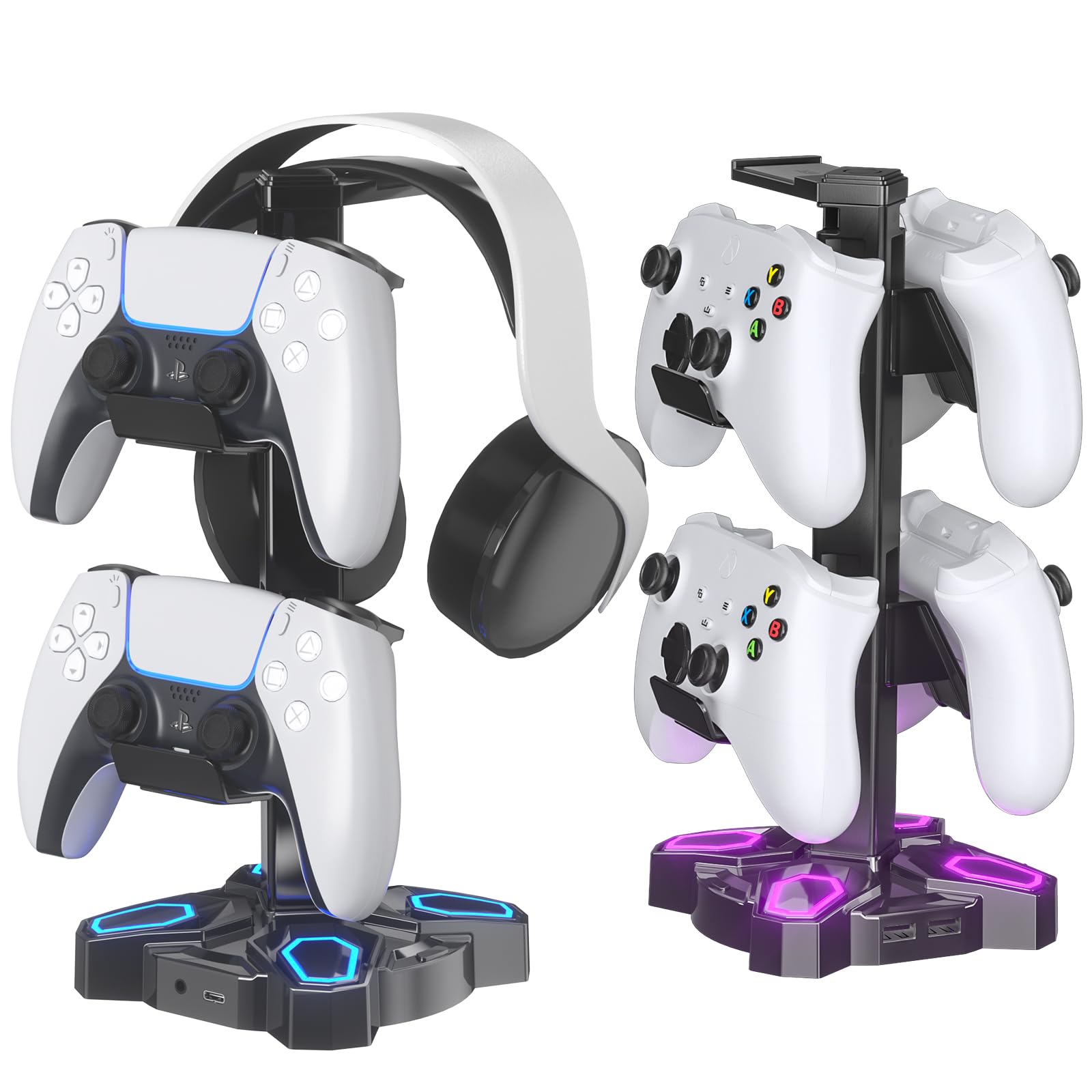 KDD Support Casque Gamer, Porte Casque Rotatif avec 9 Modes de Lumière, Support Manette avec 2 Ports USB, Port 3.5 mm et Type C, Repose Casque & Porte Manette pour PS5 PS4 Xbox Series X One; Noir