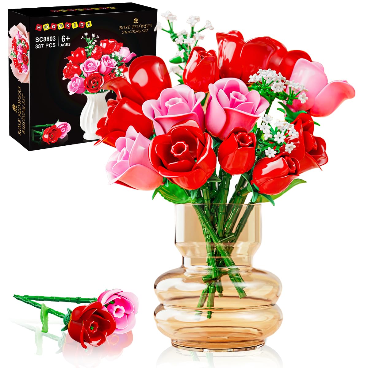 HOGOKIDS Ensemble de construction de bouquet de fleurs avec lumières - Bouquet de 16 roses Blocs de construction botaniques Roses rouges artificielles pour décoration d'intérieur Cadeaux de Noël et