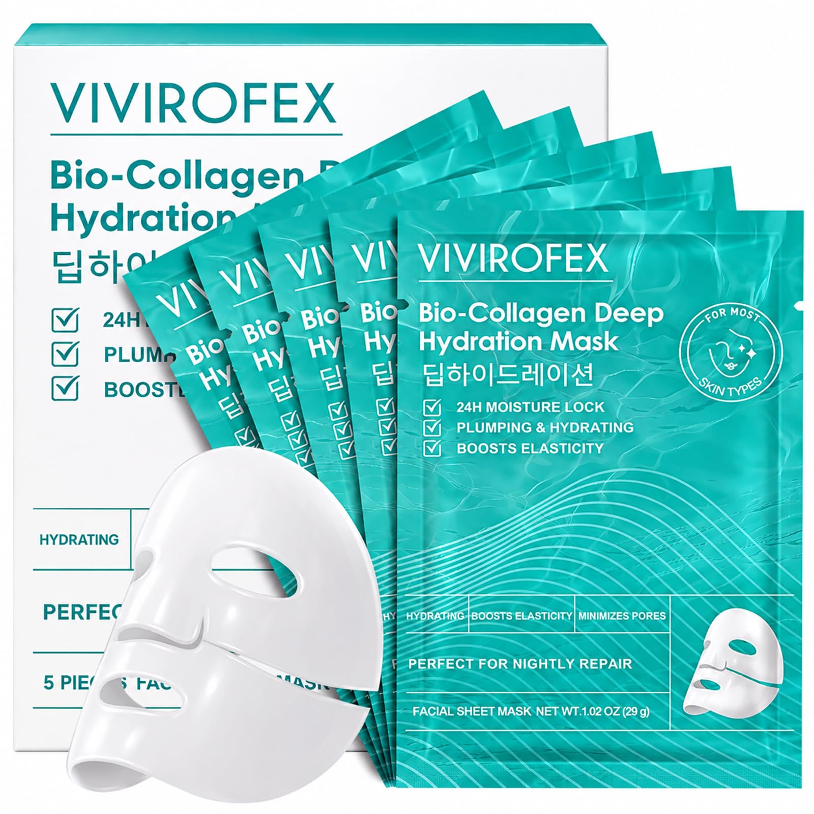 VIVIROFEX Masques Collagene Visage, Masque Visage Hydrogel, Mask Collagène | Pack de 5 Masque Collagène, Masque de Nuit, Resserre les pores,Améliore L'élasticité de la Peau,Soin à Domicile pour Femme