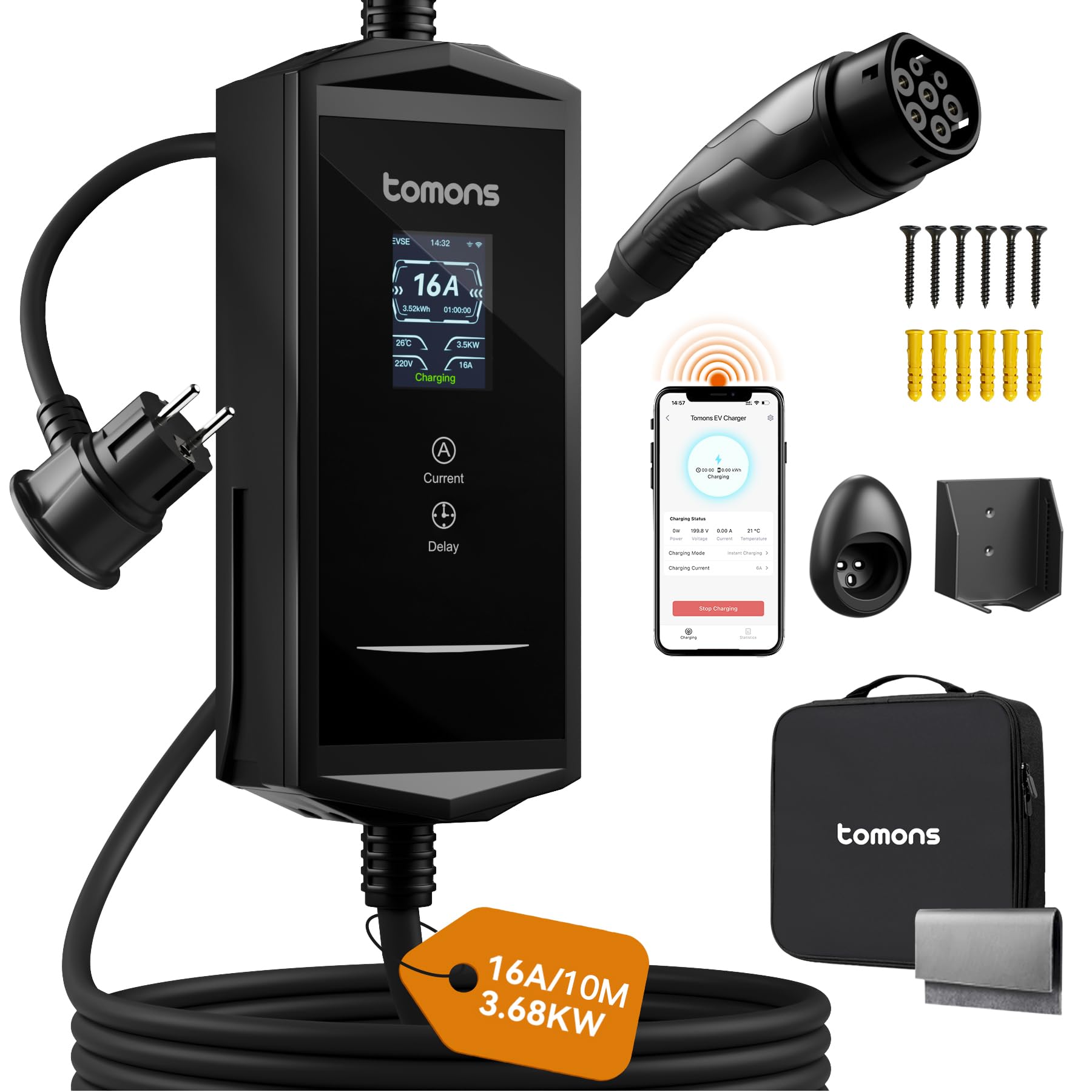 tomons Chargeur Voiture Electrique APP 3,68kW,10m 6–16A | Type 2 Chargeur voiture electrique,LCD 2,4",Charge Différée,Compatible avec Tesla Model 3/Y,Volkswagen ID. & VE IEC 62196-2