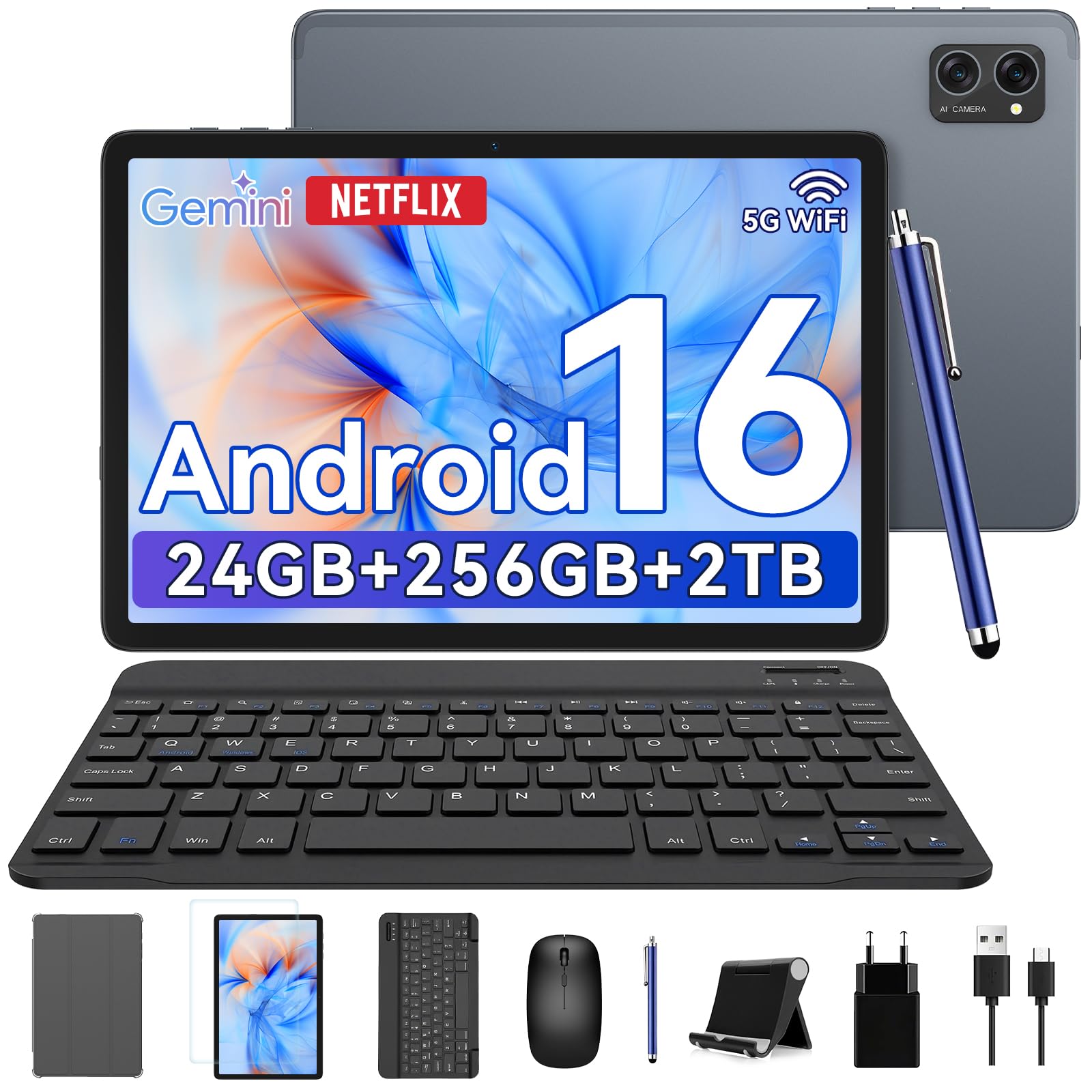 2026 Dernier Modèle Tablette avec Stylet, 10 Pouces Android 16 Tablet | Ultra-Performante: Tablette avec Clavier & Souris - Gemini AI, 8GB RAM+256GB ROM, Widevine L1, Garantie 5 ans