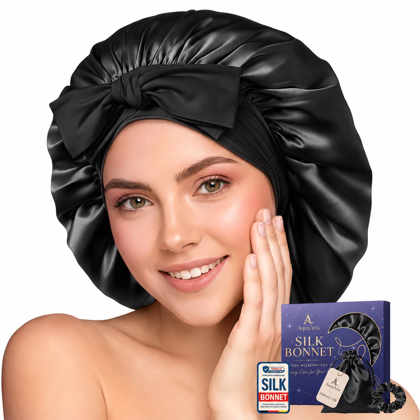 AquaAria Bonnet en Soie de Mûrier pour Cheveux, Grand Bonnet Nuit Réglable | 22 Momme 6A, Anti-Frisottis, Bandeau Large, Inclut Chouchou et Pochette en Satin, Emballage Cadeau