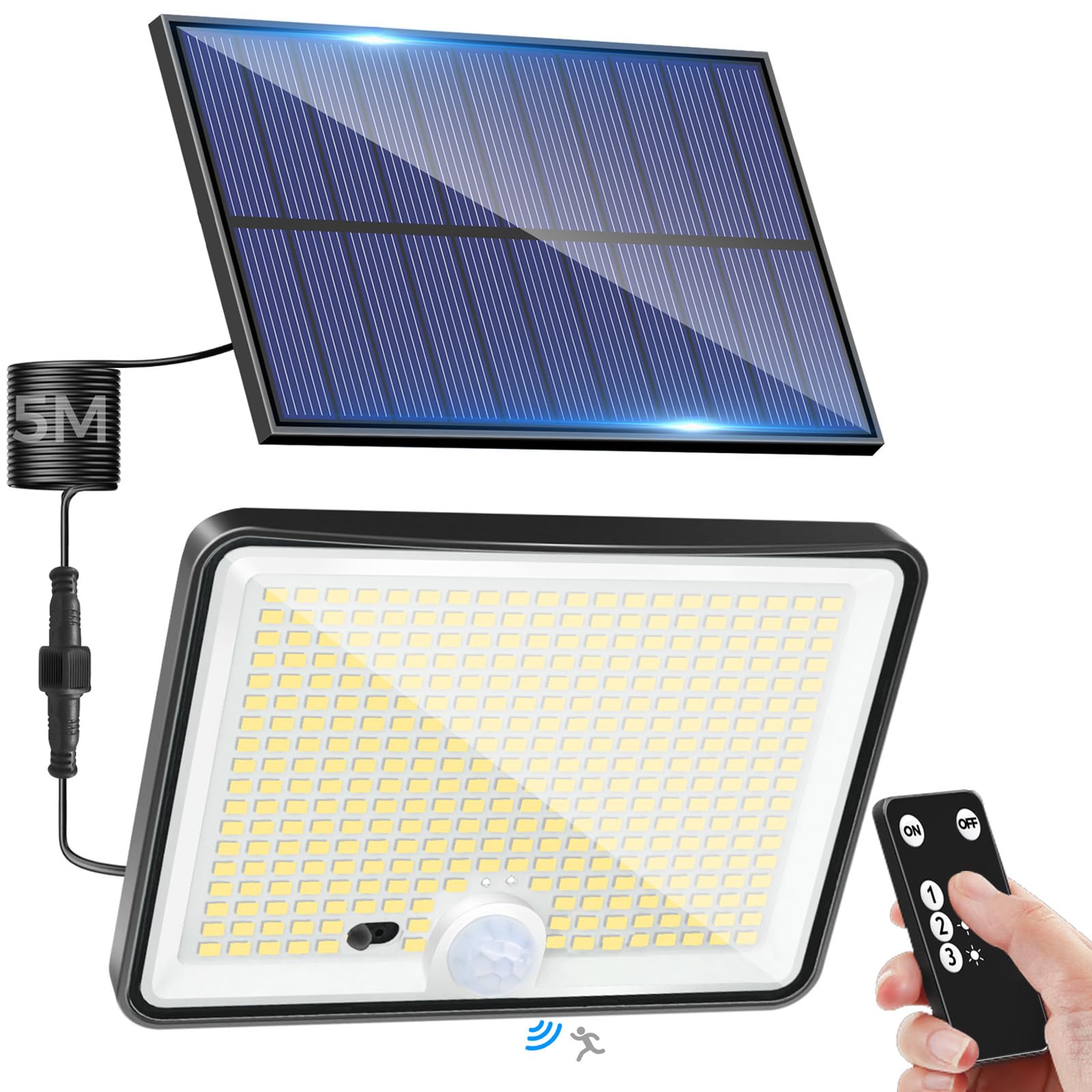 LOTMOS Lampe Solaire Exterieur Detecteur de Mouvement avec Télécommande, 342 LED Lumiere Solaire IP65 Étanche Spot Solaire, 3 Modes Eclairaget Solaire pour Jardin Garage Cour, Blanc Froid