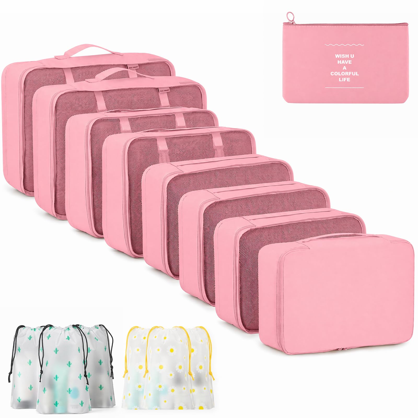 Organisateur Valise 15 Pièces, Set Rangement Valise et Cube de Rangement | Sac de Rangement Vêtement Imperméable avec Pochon Transparent, Accessoires de Voyage pour Bagage Cabine, Rose
