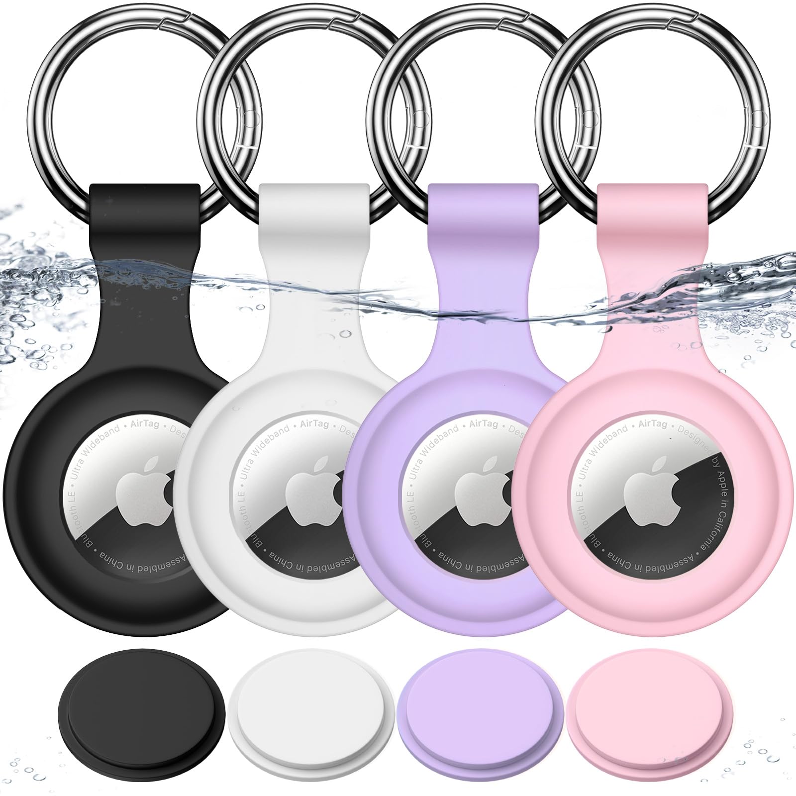 Joremx pour AirTag Porte Clé, 4 Pack (Noir+Blanc+Violet+Rose) | Étanche IPX8, Silicone Étuis pour AirTag 1re et 2e Génération, Signal Inchangé, à Fixer sur Clés/Valise/Collier/Enfants