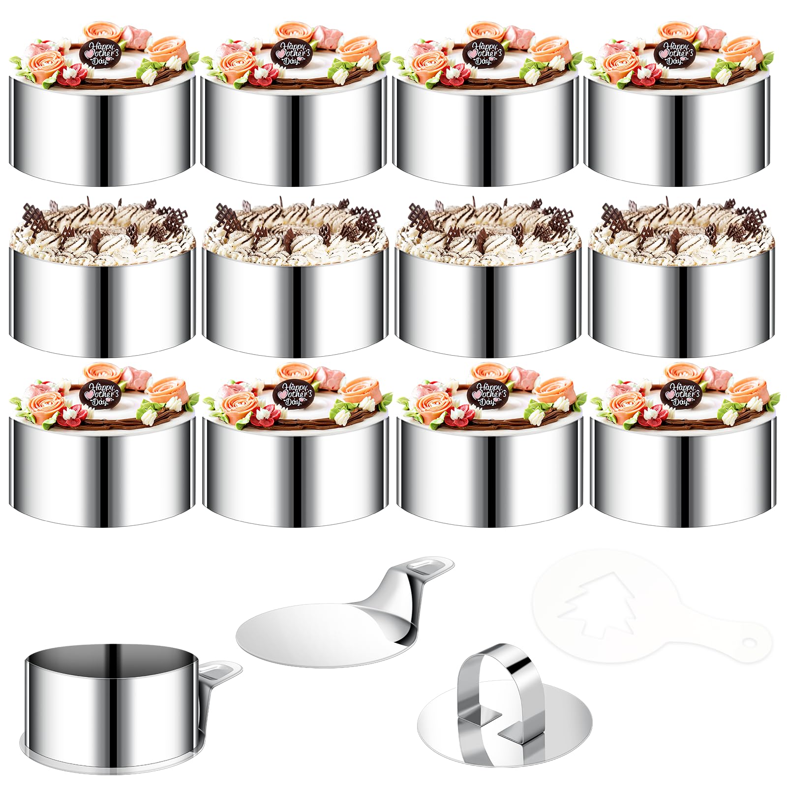 VINATO Lot 34 Pièces Cercles à Dessert, 12 Cercles Ø 8 cm, 16 Pochoirs | 12 Cercles Ø 8 cm, 2 Couvercles, 4 Fonds, 16 Pochoirs, Inox 304