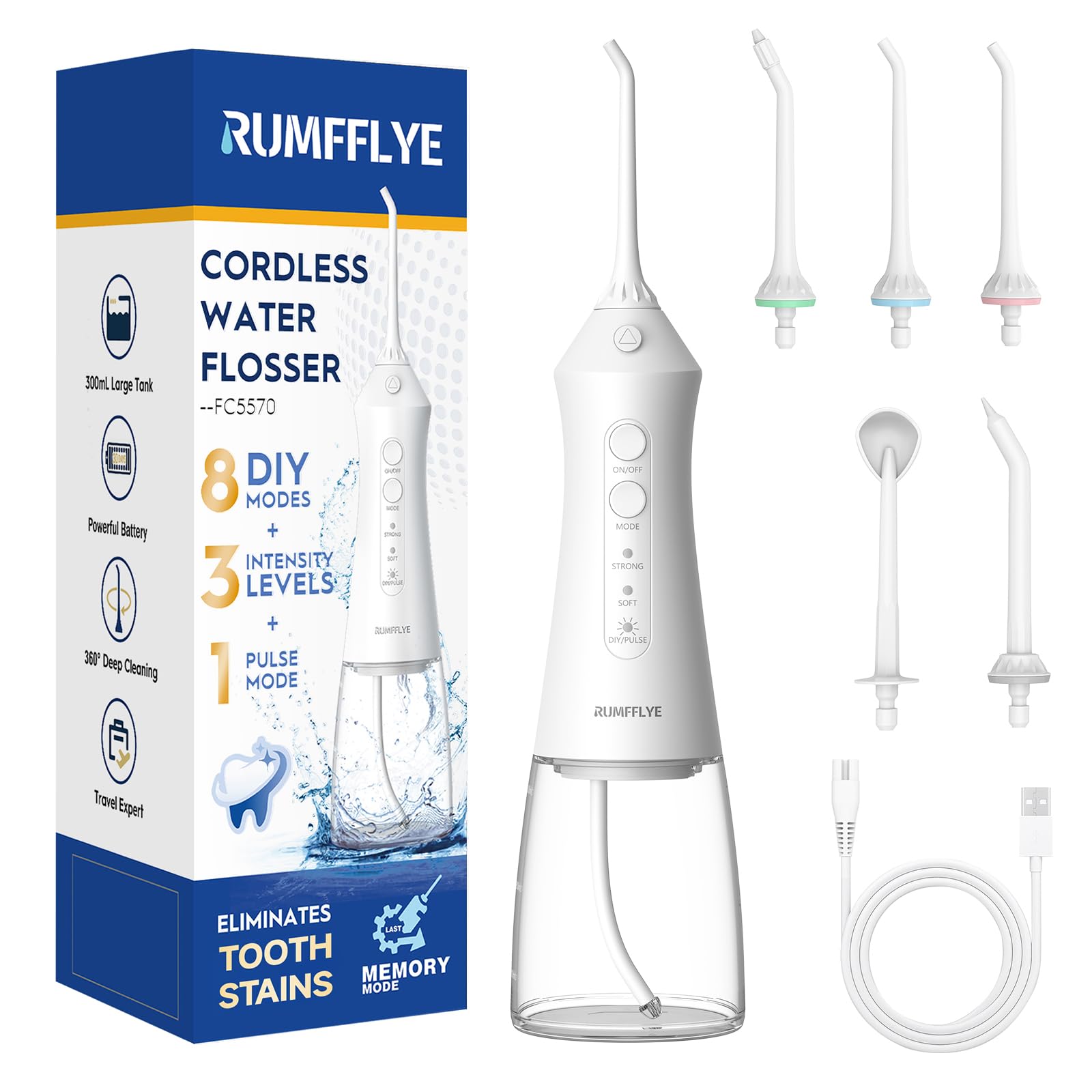 RUMFFLYE Jet Dentaire Hydropulseur et Irrigateurs Water Flosser 12 Modes | Detartreur Dentaire 300ML Oral Sans Fil Nettoyeur Dent Irrigateur Pulseur Jet Interdentaire Portable IPX7 Voyage (Blanc)