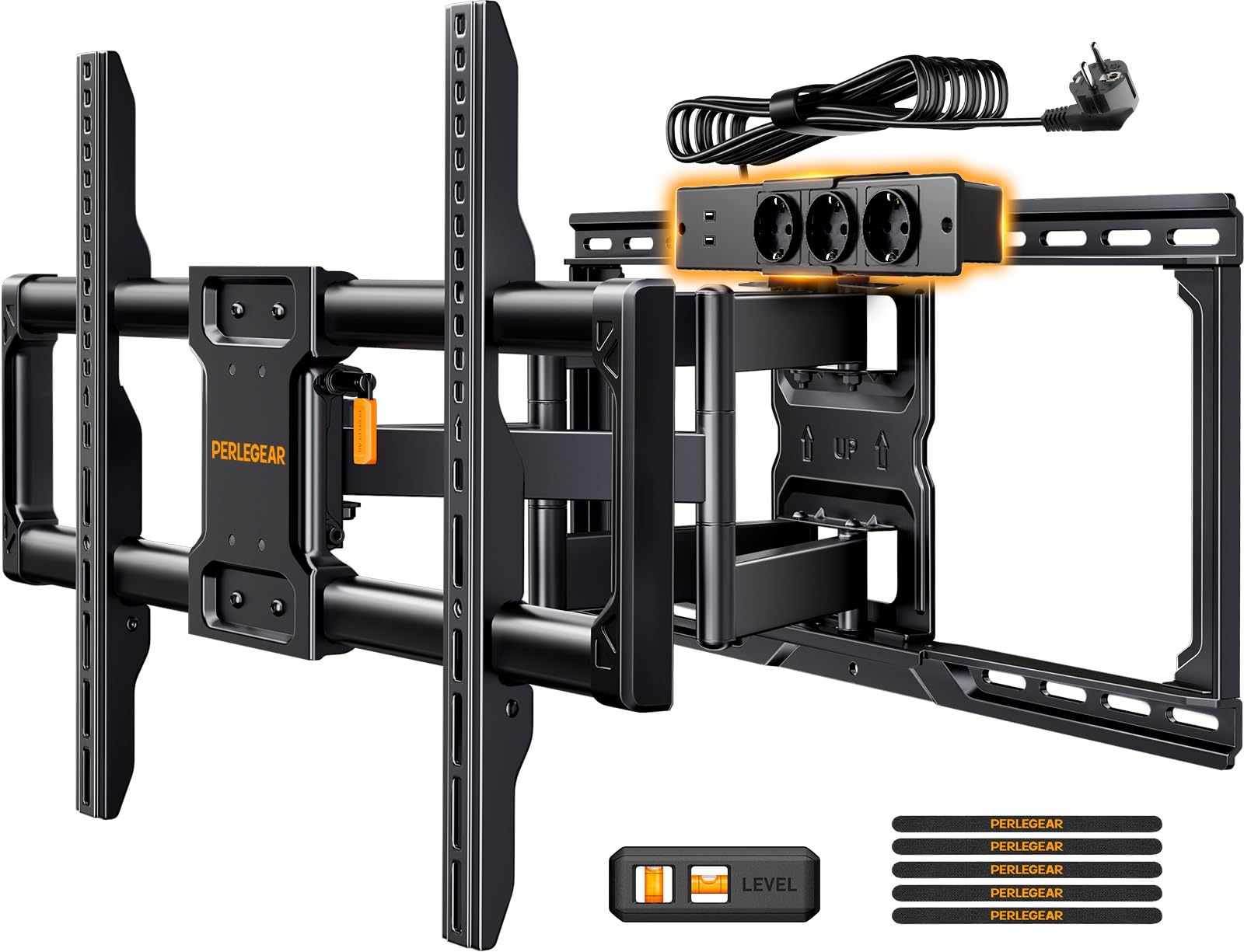 Perlegear Support Mural TV Mouvement Complet Multiprise TV 42 à 90 Pouces à 68 kg, Support TV préassemblé avec Pivotement, Inclinaison, VESA Max 600 x 400 mm, PGLF11